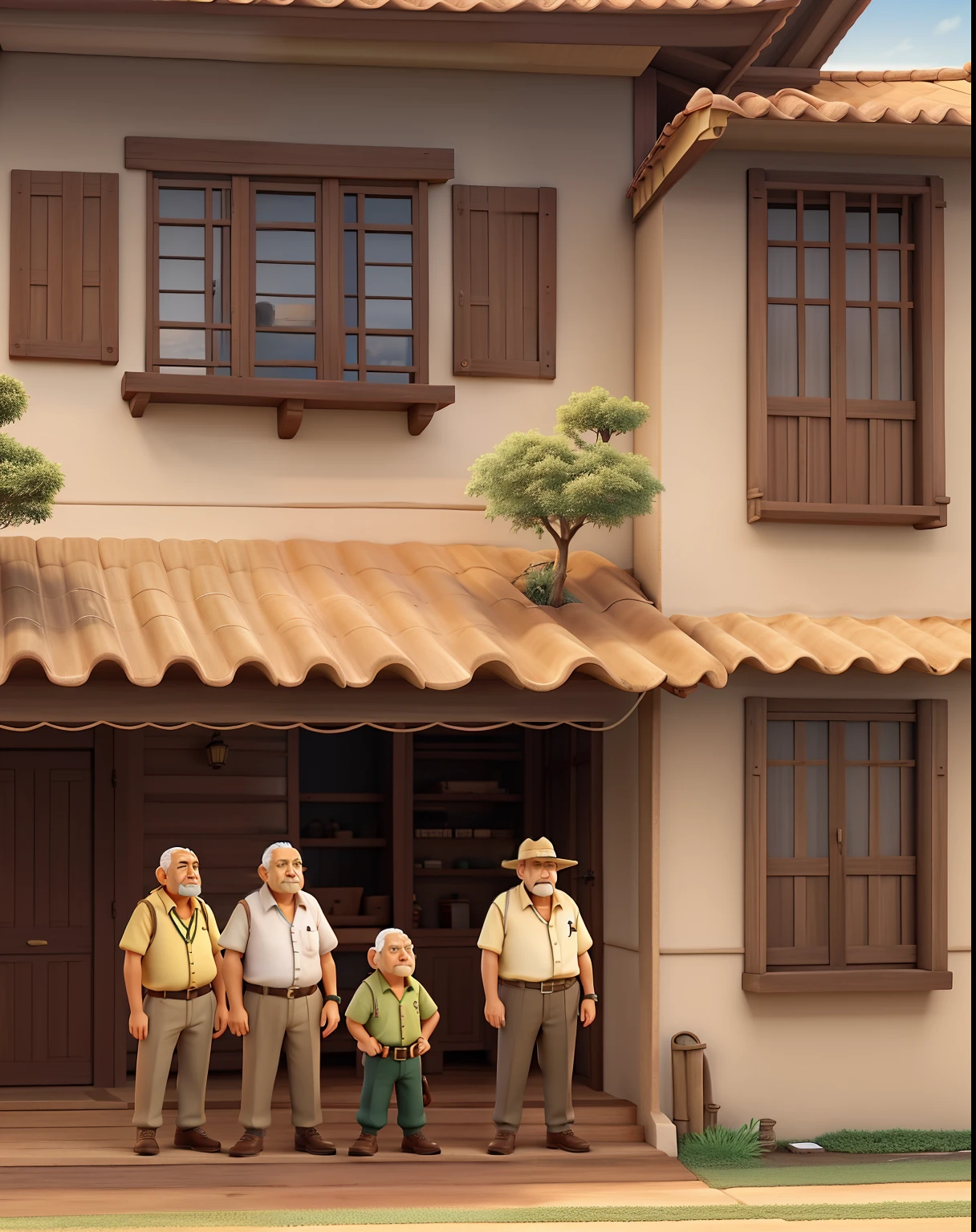 A Gang of Wise Old Men, sentados em frente a uma casa gigante vendo o por do sol.