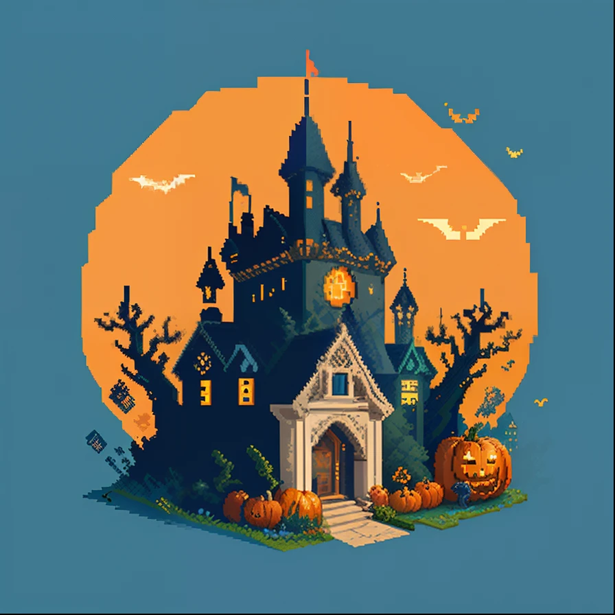 ((Pixel art style))((Incredible pixel art details))
Halloween　pumpkins　black cat　old castle