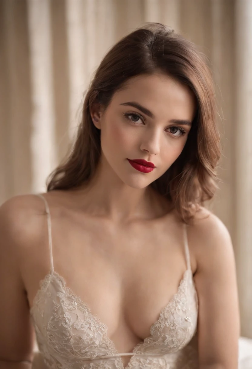 de cabelo castanho, olhos castanhos, Beautiful, corpo inteiro, seios pequenos, usando lingerie, salto alto, Red lipstick, Full Body Head to Toe