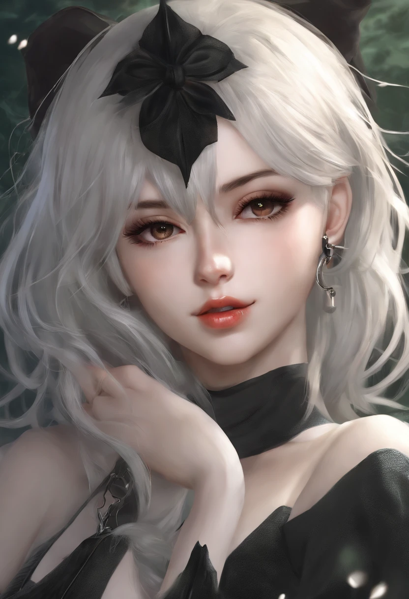 YoRHa No. 2 Tipo B, 1girl, WLOP, (vendar), seios, clivagem, recorte de clivagem, recorte de roupas, fundo verde, cabelo entre os olhos, faixa de cabelo, Altas, Mangas Julieta, mangas compridas, negar (Series), deny automata,  mangas inchadas, red lips, rosto sombreado, short hair, sozinho, turtleneck, parte superior do corpo, cabelos brancos, heaven