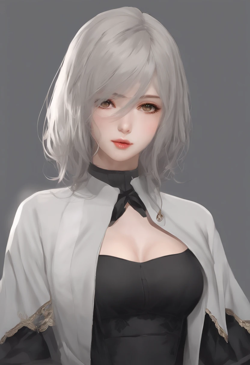 YoRHa No. 2 Tipo B, 1girl, WLOP, (vendar), seios, clivagem, recorte de clivagem, recorte de roupas, fundo verde, cabelo entre os olhos, faixa de cabelo, Altas, Mangas Julieta, mangas compridas, negar (Series), deny automata, mangas inchadas, red lips, rosto sombreado, short hair, sozinho, turtleneck, parte superior do corpo, cabelos brancos, heaven