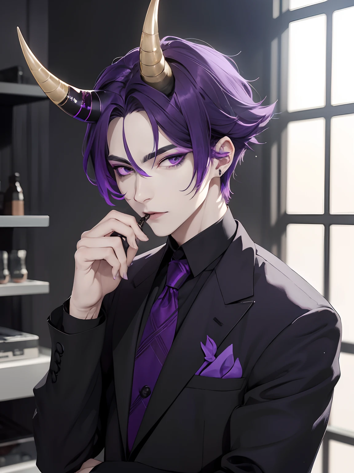 1 man, horn, hansome, black Gradation purple hair, demon, purple eyeshadow