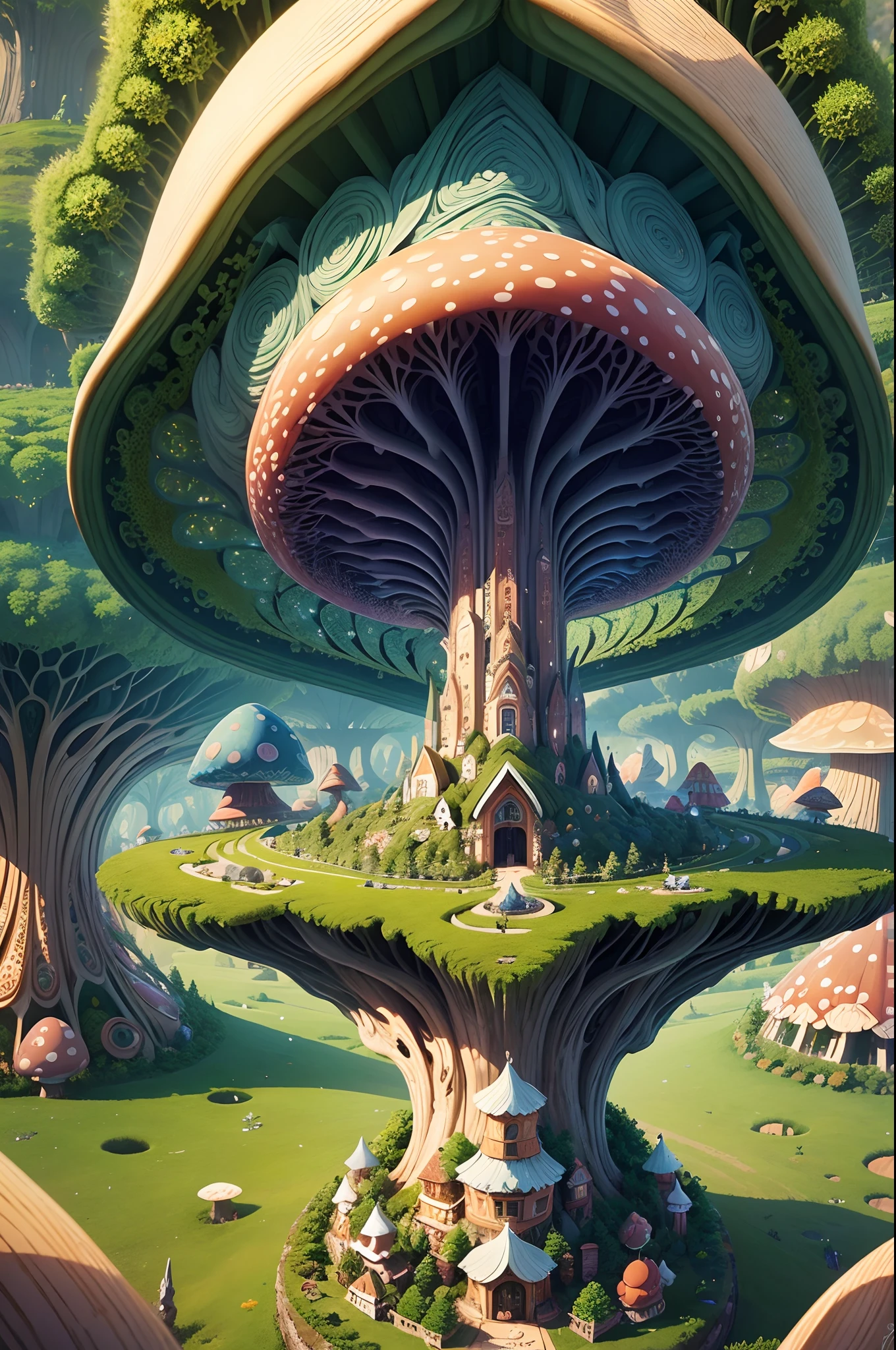 Masterpiece, top quality, best quality, official art, beautiful and aesthetic:1.2, extreme detailed, (fractal art:1.3) Stroll into a whimsical realm at the Giant Mushroom Village. A collection of mushroom-shaped homes decorates a sprawling, magical meadow, inhabited by friendly forest creatures. This charming village offers a life of harmony with nature