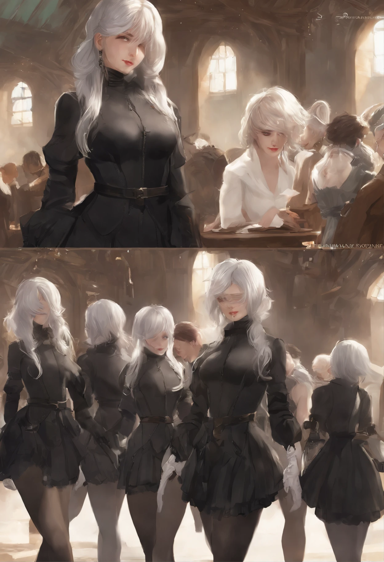 YoRHa No. 2 Tipo B, 1girl, WLOP, (vendar), seios, clivagem, recorte de clivagem, recorte de roupas, fundo verde, cabelo entre os olhos, faixa de cabelo, Altas, Mangas Julieta, mangas compridas, negar (Series), deny automata, mangas inchadas, red lips, rosto sombreado, short hair, sozinho, turtleneck, parte superior do corpo, cabelos brancos, heaven