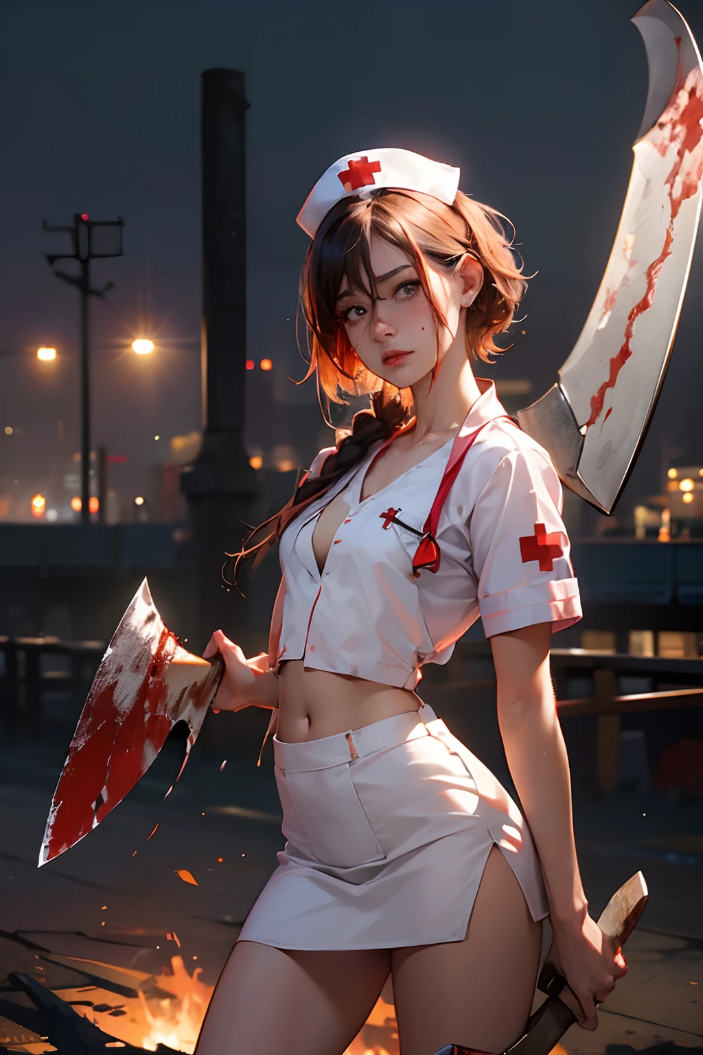 ((top-quality, masutepiece, Top image quality, 8K)), ((nightcity:1.3)), Back lighting, ((Bloody young nurse with an ax:1.5)), ((1girl in, perfectly proportions, Beautiful body, Realistic middle chest:1.5)), Standing with legs spread, showing your whole body, (Best Ratio: 4 fingers, 1 thumb), The skin is wet and shiny, Torn and tattered white nurse's uniform, ((tilts head, looking at from the front:1.2)), afterwards、The car is on fire,