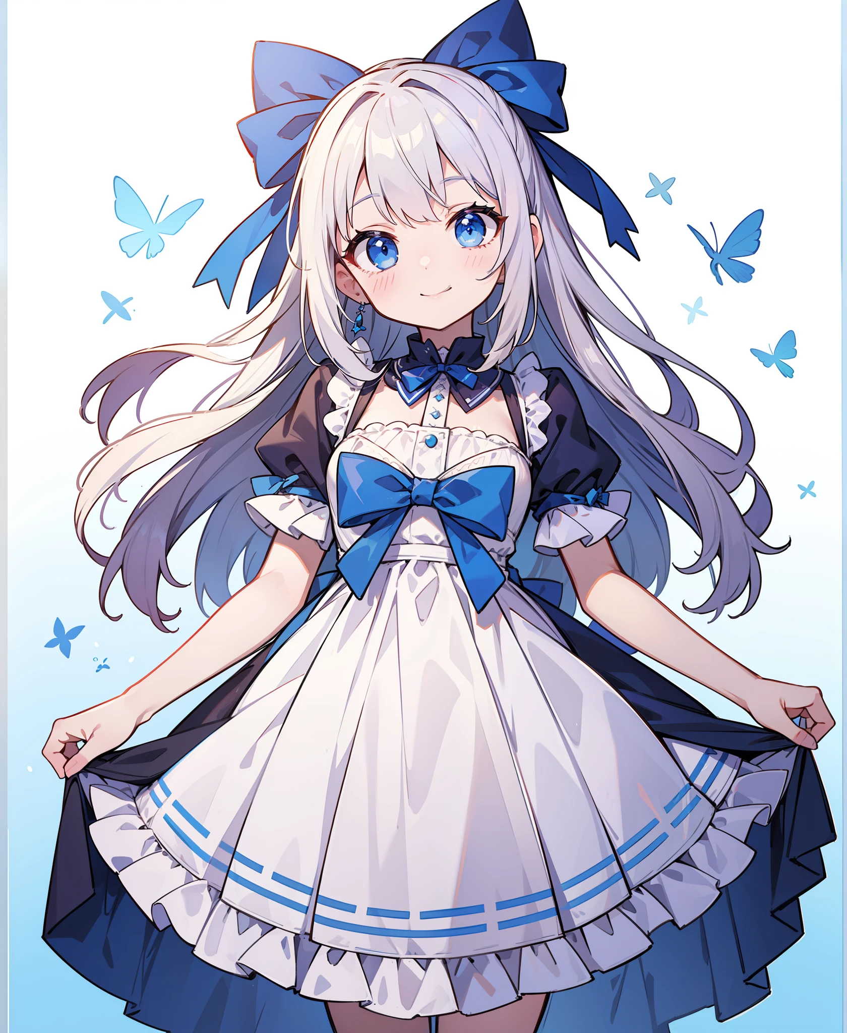 (masterpiece, top quality, best quality),  smile, looking_at_viewer, pandora, ribbon, pddf, long_hair, dress, blue_ribbon, blue_eyes, hair_ribbon, white_dress