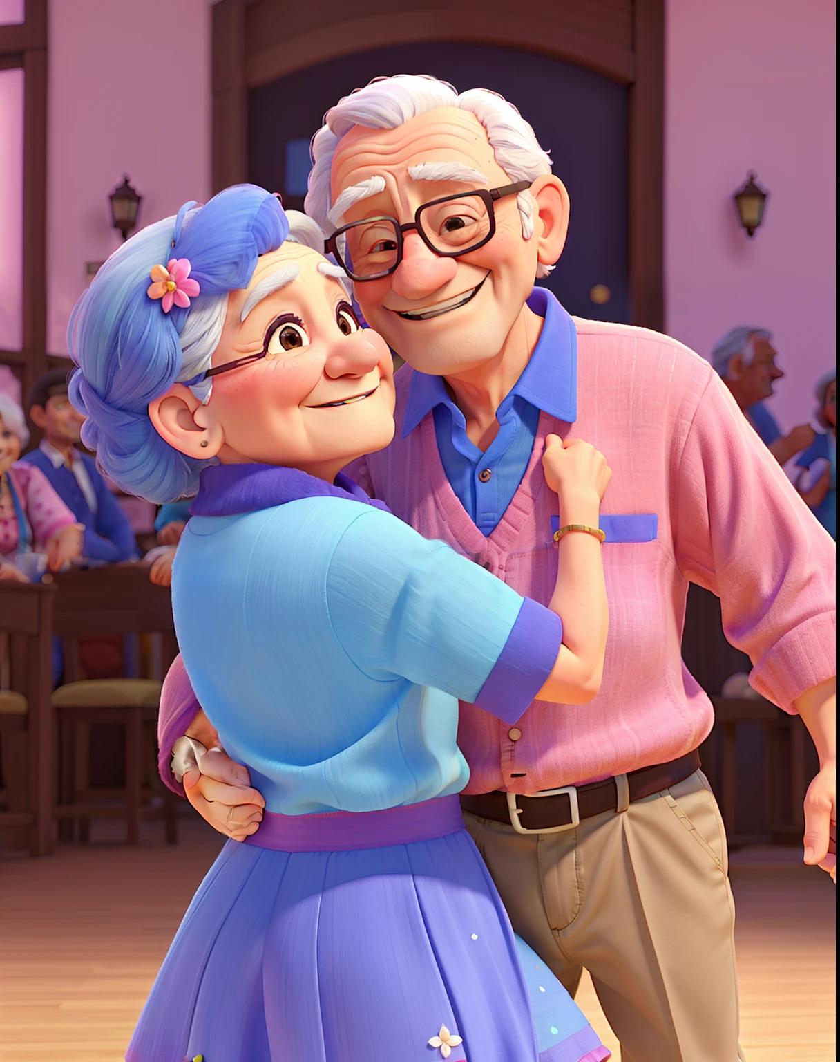 Old men and old women smiling dancing at a ball, com luzes coloridas e pessoas aplaudindo, camisas brancas e listradas com azul, vestidos rosas floridos.