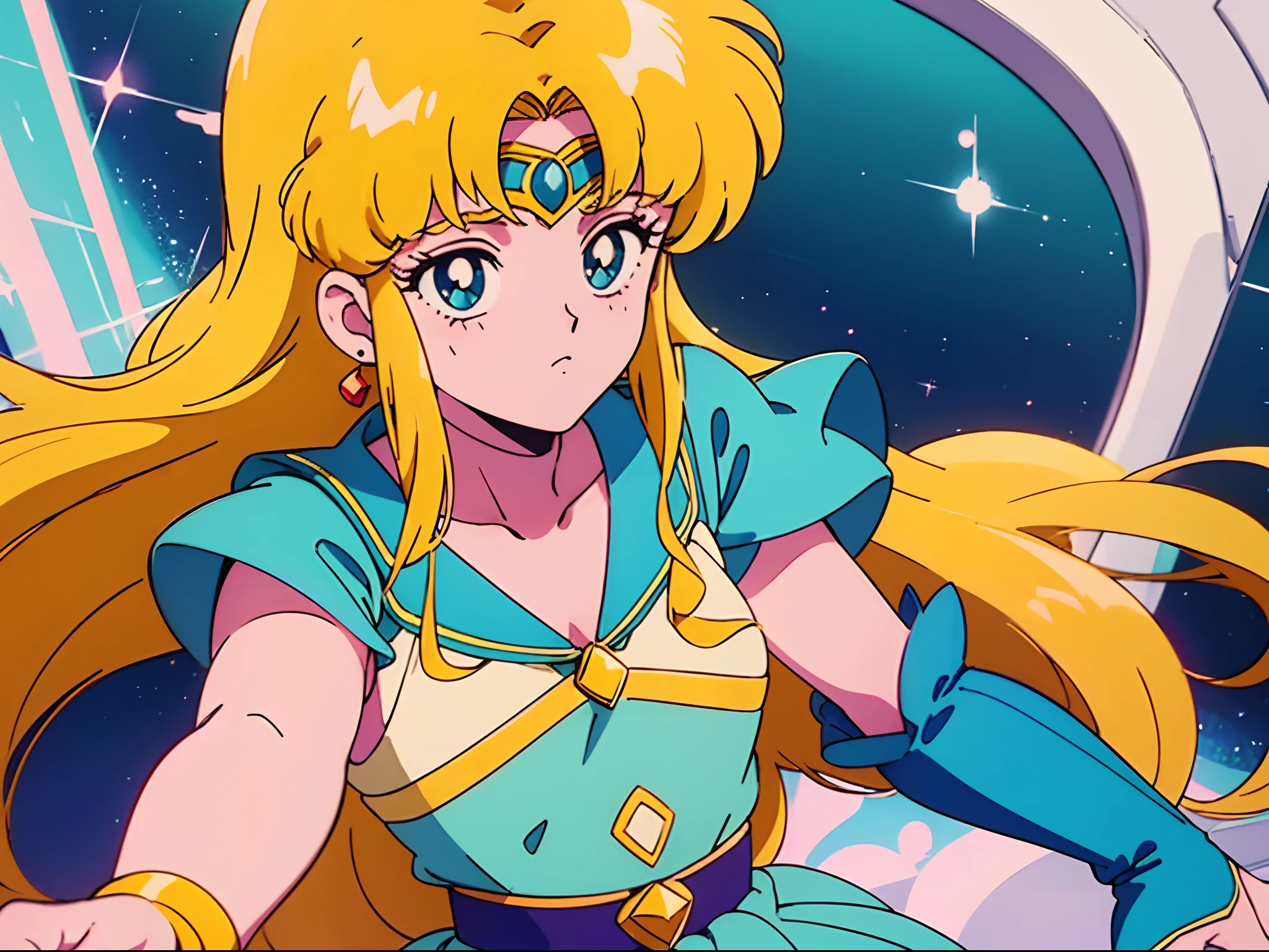 1girll，(Princess of Magic)，Yellow hair，Long hair，Beautiful and detailed blue dress，Super detail，(Masterpiece)，Best quality，(Retro)，((old anime))