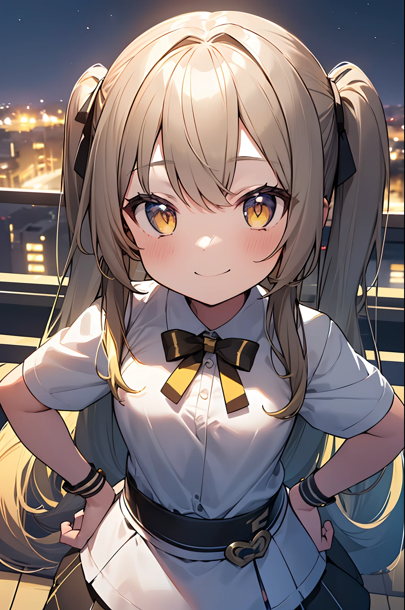 1girl. yellow hair.long hair.twintails.short stature. small breast.white t-shirts.skirt. (((masterpiece))).(((best quality))).)((ultra-detailed))).(((illustration))). (((put your hands on your hips))).(((night view))).look from above.smile.