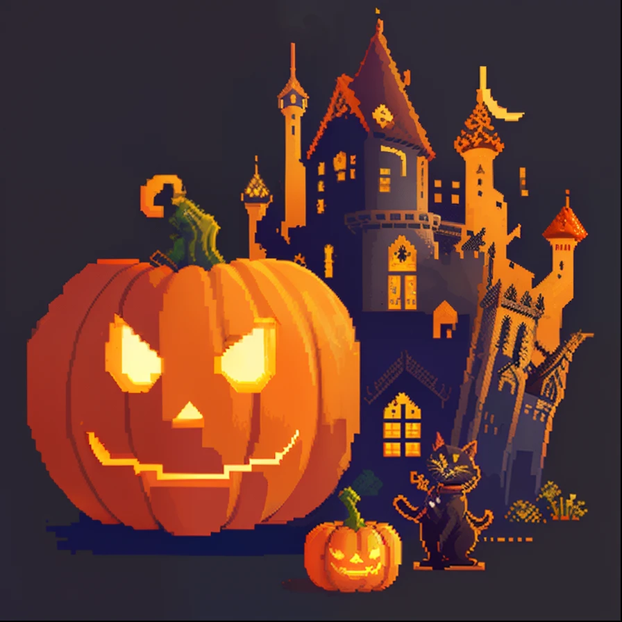 ((Pixel art style))((Incredible pixel art details))
Halloween pumpkins black cat old castle