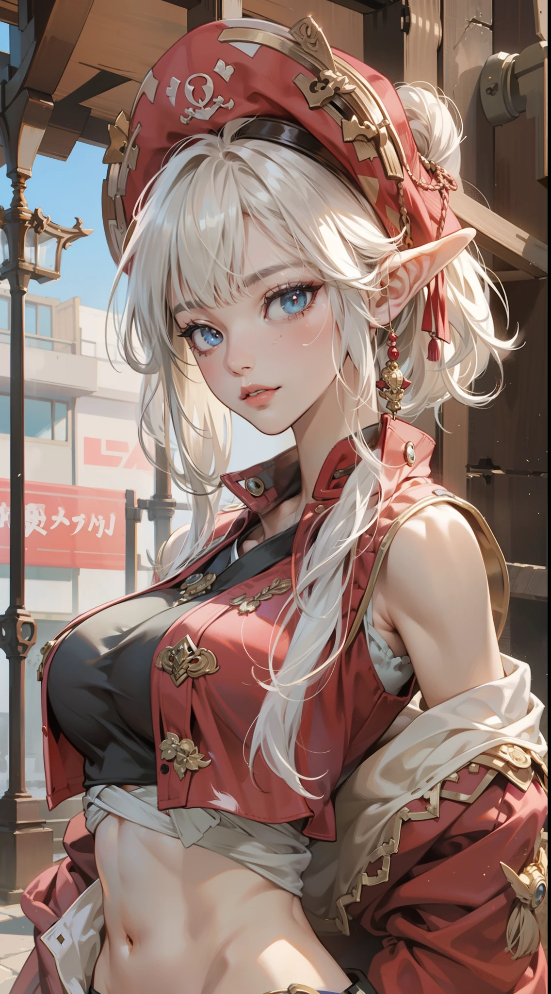 a beautiful Extremely cute elf race face, 1girl, insanely detailed face and eyes, Perfect lips, pirate captain, Sunshine, hands on straw hat, red jacket, closed shirt, pirate hat, looking at viewer, upper body, ABS, white hair, asymmetrical bangs, short hair, big breast, digital painting, dramatic, cinematic lighting, fine expression, fine detail, masterpiece, fantasy art, illustration, masterpiece, digital art by Yusuke Murata.