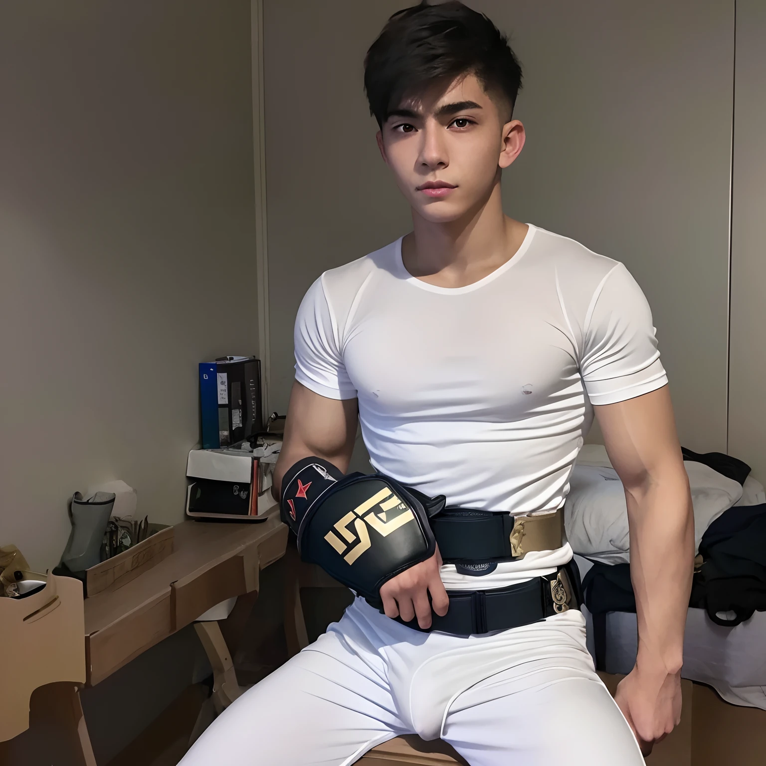 Young male, 18yo, swat fighter, jerk off, messy cum, army, swat armour, big dick, dripping cum