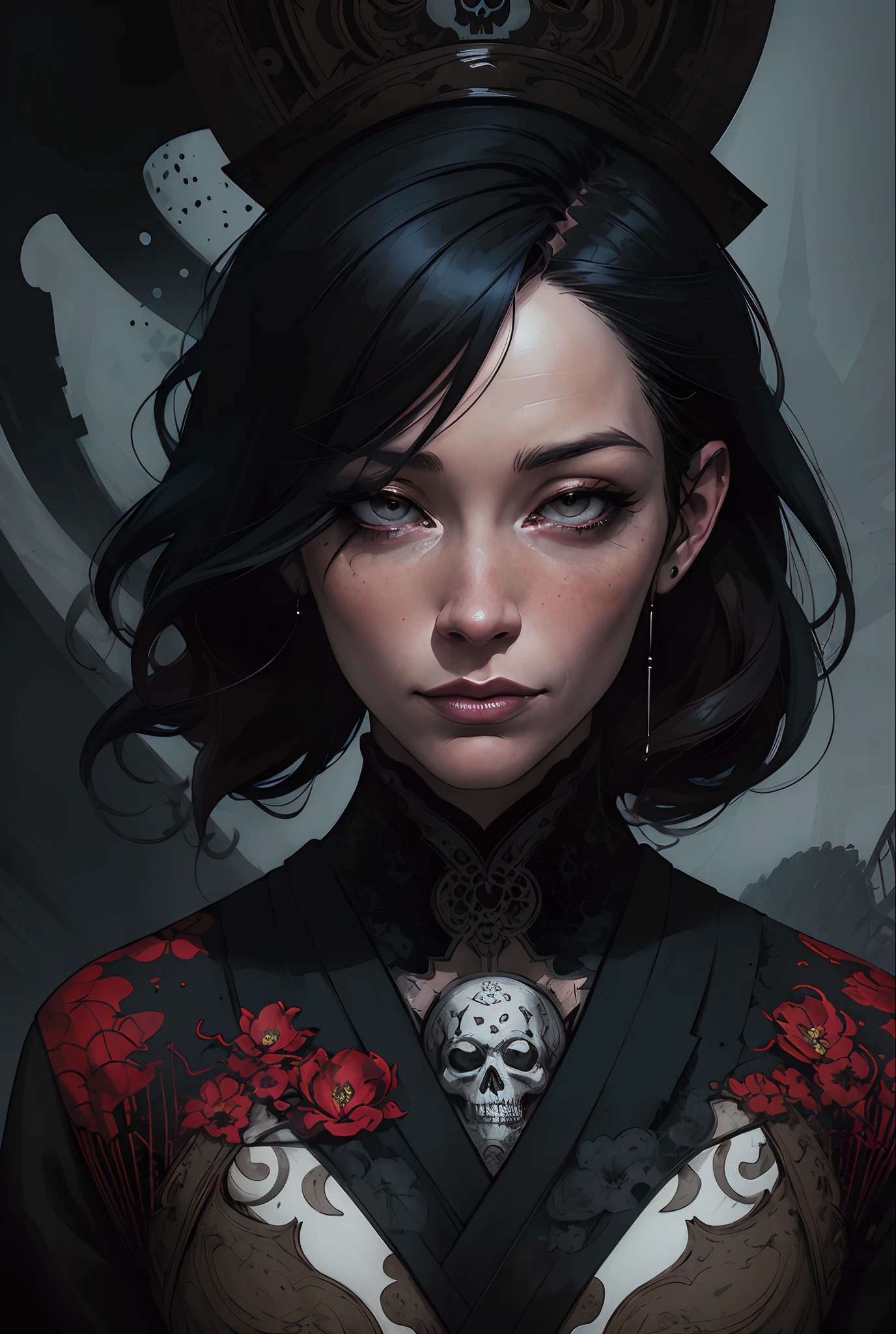 (Emily blunt:Evangeline Lilly) is a beautiful charming pirate carved out of dark smoke, dressed as a pirate in black, circular colored smoke, waves of shadows at night, abstract skull ornaments, soft colors, flat 4d street art in the style of adrian ghenie, esao andrews, jenny saville , edward hopper, surrealism, james jean dark, takato yamamoto, inkpunk minimalism, , detailed symmetrical brown eyes with circular iris, seamless geometric pattern harmony, luminogram, iron gall ink, art by Russ Mills, Sakimichan,, by GIlSam -paio octane rendering depicting innovation and truth, 8k, by Lee Jeffries, depth - Gs studio