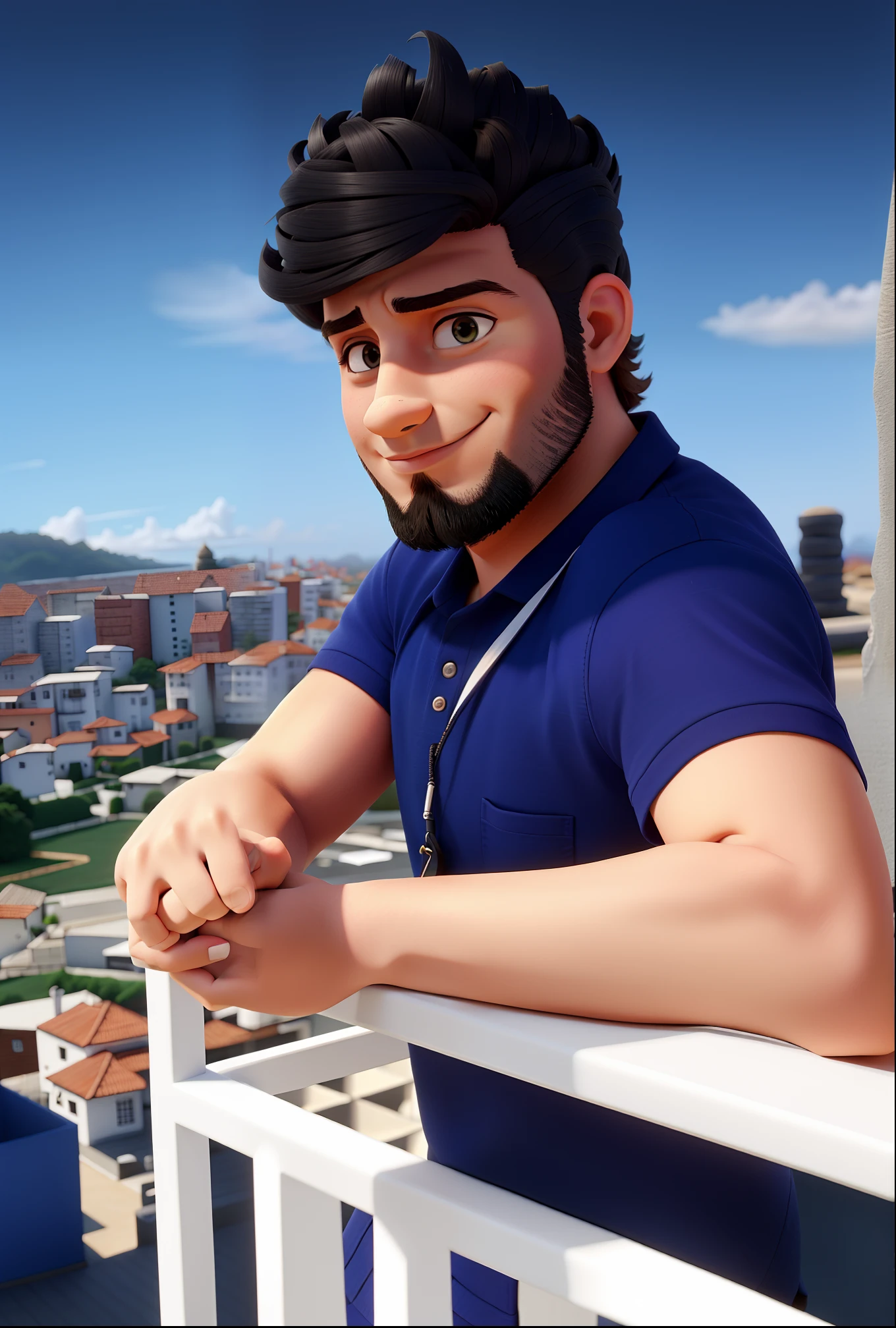Um rapaz cartomante de cabelos castanhos e ondulados obsrvando uma varanda