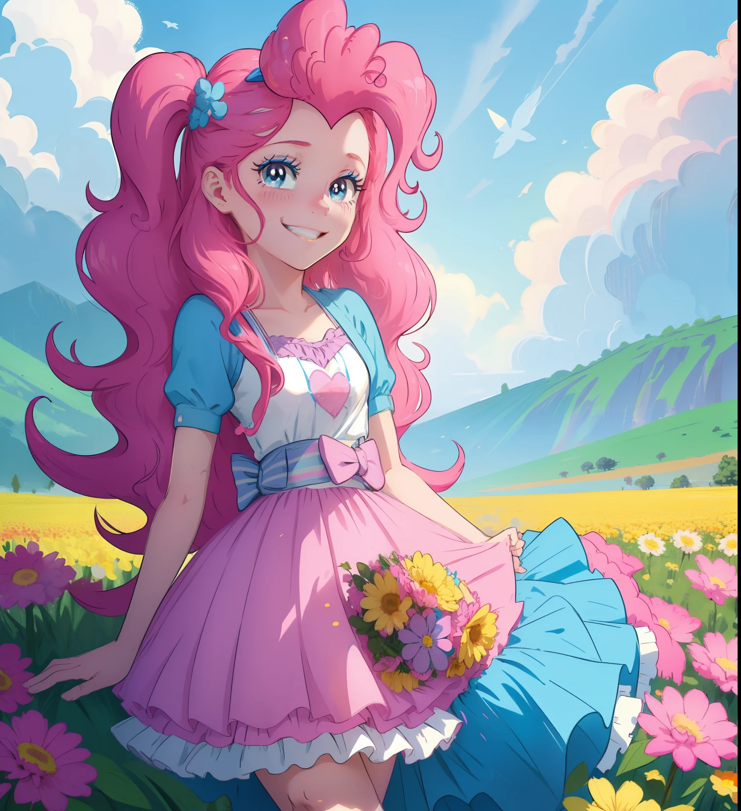 My little pony pinkie pie, pinkie pie, pinkie pie in the form of a girl, long dark pink hair, blue eyes, long pink and blue frilly dress, white frilly thigh high, small pink heels, blue sky, pink clouds, sitting in a pink and blue flower field, staring at viewers, (light pink skin 1.5), soft blush, happy smile, soft smile, holding flowers, balloons flying everywhere, ((sunrise 2.0)), highly detailed lighting, yellow light, in a beautiful flower field, pink and blue flowers everywhere, blue eyeshadow (( DARK BLUE EYES 2.0 ))