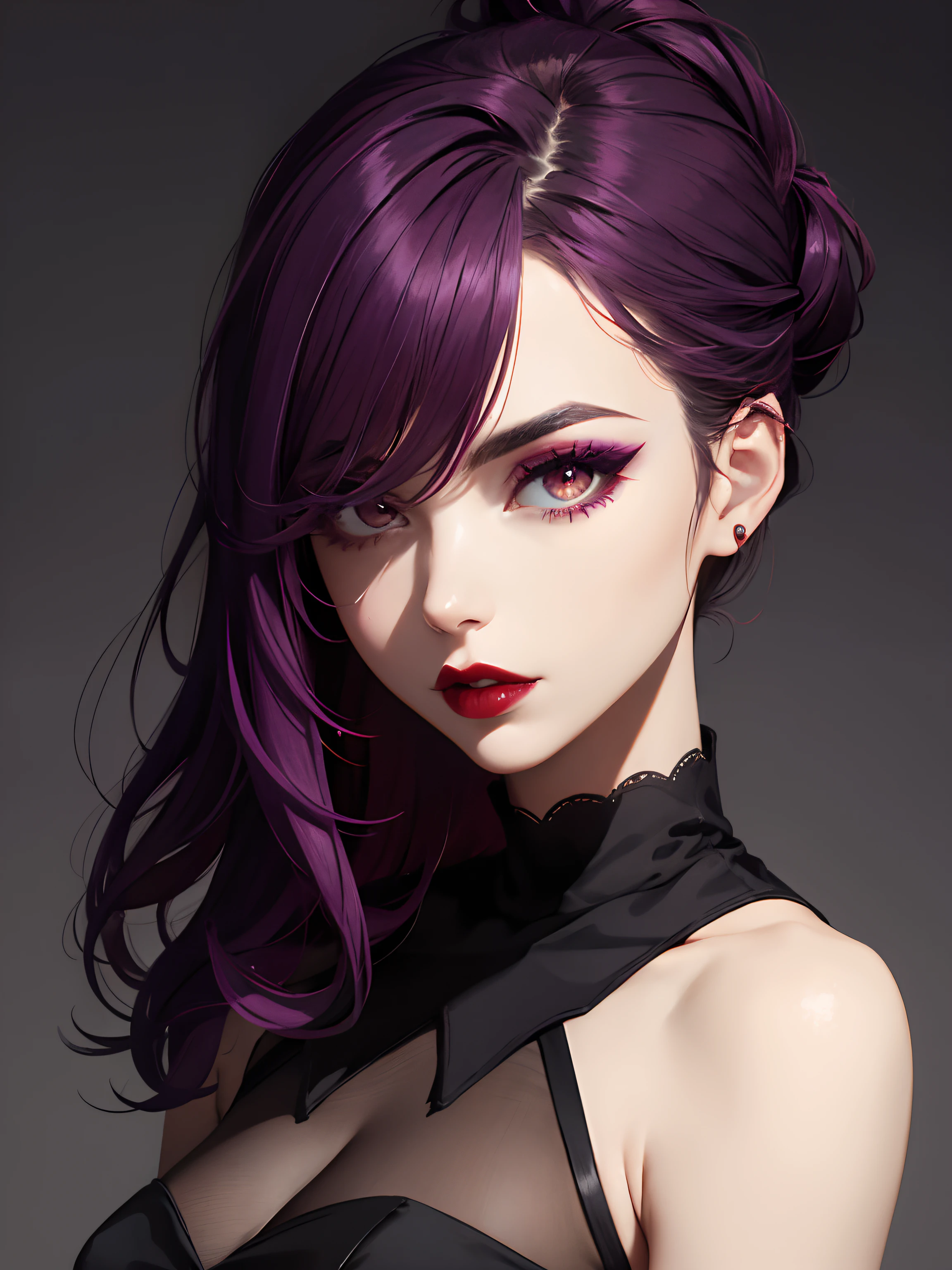 1 gilr, red lips, eyebrows, purple eyeshadow, tied hair, black dress