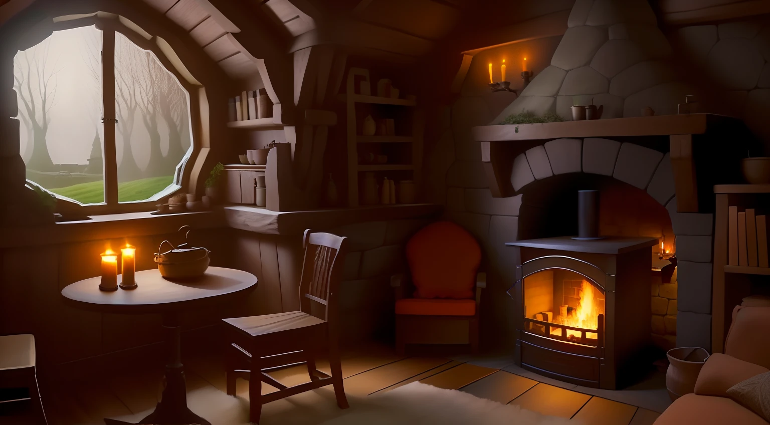 there is a room with a fireplace and a table with chairs, interior of a hobbit hole, in his hobbit home, inside a medieval hobbit home, a multidimensional cozy tavern, mix with rivendell architecture, cosy enchanted scene, hobbit hole, cozy setting, cozy place, cozy environment, cozy and peaceful atmosphere, cosy atmosphere, cosy atmoshpere