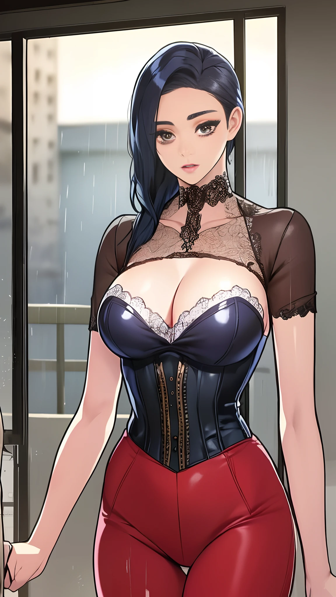 (in prison cell), woman with a whip, ((top quality, 8k, masterpiece: 1.3)), crisp focus: 1.2, beautiful woman with perfect figure: 1.4, slender abs: 1.2, ((layer cut, big: 1.2)), (rain, street: 1.2), wet body: 1.5, highly detailed face and skin texture, detailed tight eyes, very short hair, studio,BDSM,slave, rubber, black corset, bondage