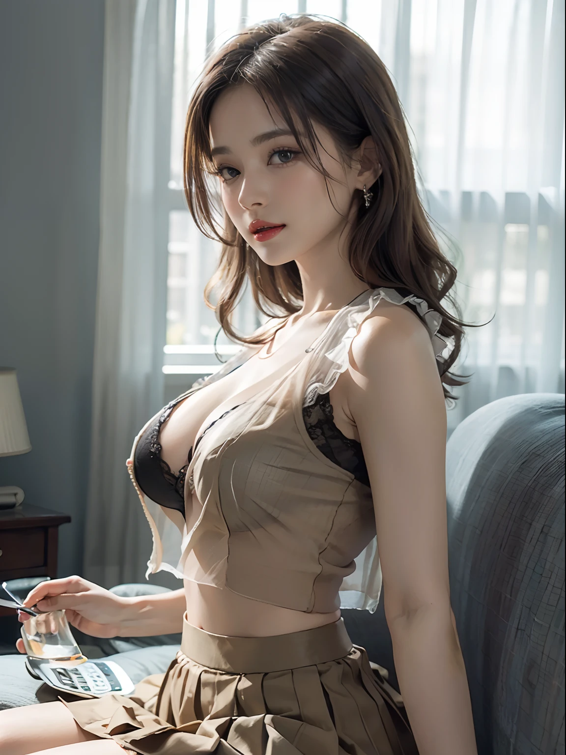 masutepiece,Best Quality,offcial art,extremely detailed CG unified 8k wallpaper, (nffsw:1.4), (Cinematic), (PastelColors, dim colors, Soothing tones:1.3), (Natural Skin Texture, hyperphotorealism, Soft light, sharp),(Extremely detailed), Professional Lighting, Radio City,((1girll,20yr old)), inside bedroom, cold light,Best Quality, Lots of details, masutepiece, Ultra-detailed, Illustration, extremely delicate and beautiful girl, Beautiful detailed eyes,8K_wall-paper,Beautiful detailed girl, looking at viewert, hair messy, Large breasts, ((focus on chest)), ((Sheer white vest, side breasts,areola of breast,High waist pleated skirt,The reveal panties,Camel toes)),Sit sideways on the couch,ssmile,Seen from the side