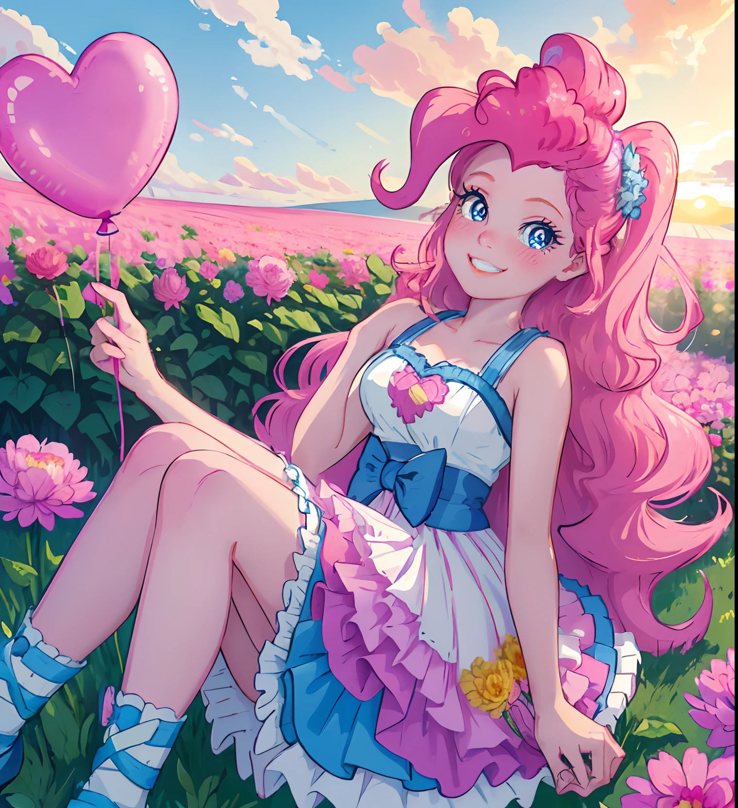 My little pony pinkie pie, pinkie pie, pinkie pie in the form of a girl, long dark pink hair, blue eyes, long pink and blue frilly dress, white frilly thigh high, small pink heels, blue sky, pink clouds, sitting in a pink and blue flower field, staring at viewers, (light pink skin 1.5), soft blush, happy smile, soft smile, holding flowers, balloons flying everywhere, ((sunrise 2.0)), highly detailed lighting, yellow light, in a beautiful flower field, pink and blue flowers everywhere, blue eyeshadow (( DARK BLUE EYES 2.0 )), Dahlia and peony flowers everywhere