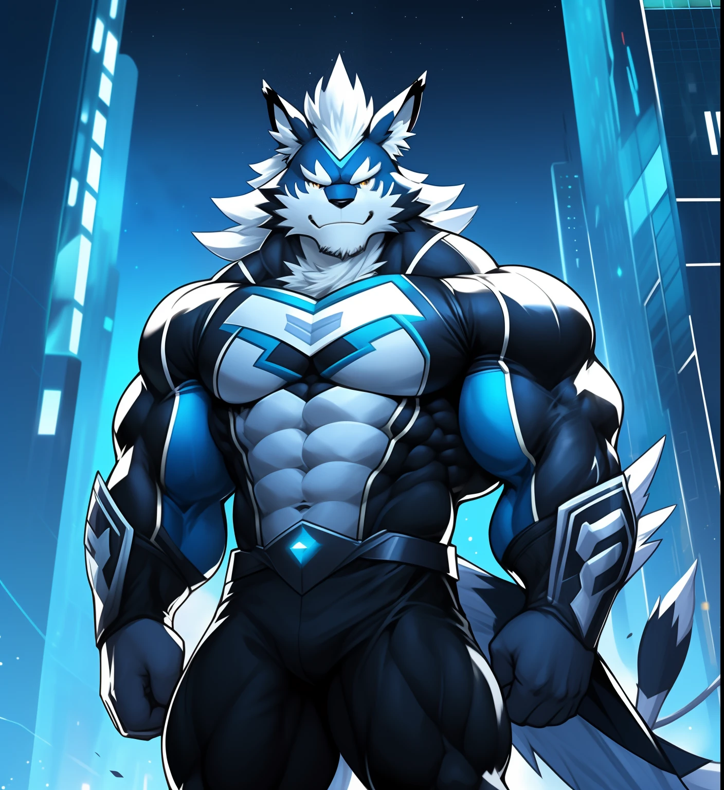 Antecedentes de la ciudad, rascacielos, Futuristic city, noche, estrellas, luces nocturnas, Leomon Gigachad, Superhero, hero, Nadaria, massive muscles, pectorales enormes, ABS cincelados, pectorales enormes, Exaggeratedly huge muscles. A furry hero whose presence inspires trust and respect. (((His hero costume is black and white.)))