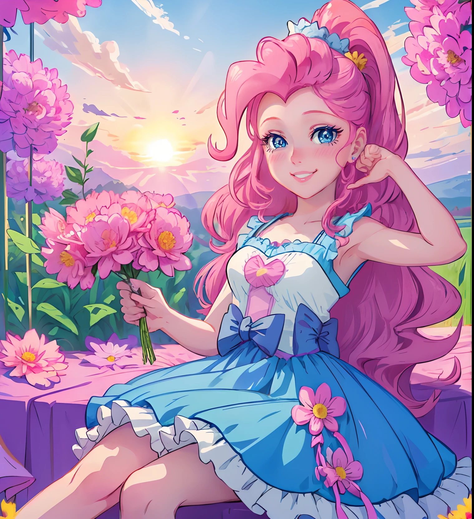 My little pony pinkie pie, pinkie pie, pinkie pie in the form of a girl, long dark pink hair, blue eyes, long pink and blue frilly dress, white frilly thigh high, small pink heels, blue sky, pink clouds, sitting in a pink and blue flower field, staring at viewers, (light pink skin 1.5), soft blush, happy smile, soft smile, holding flowers, balloons flying everywhere, ((sunrise 2.0)), highly detailed lighting, yellow light, in a beautiful flower field, pink and blue flowers everywhere, blue eyeshadow (( DARK BLUE EYES 2.0 )), Dahlia and peony flowers everywhere