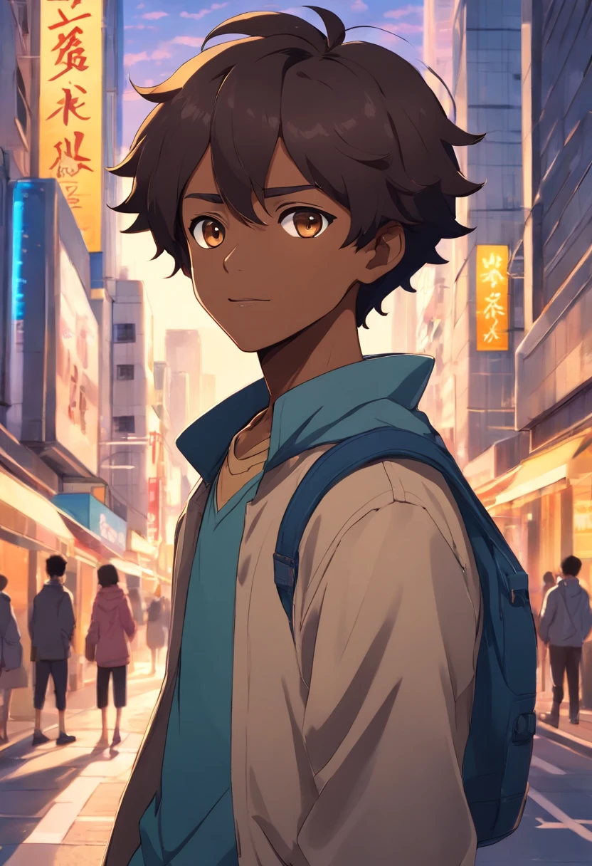 A black boy, transformed into an anime style, with exaggerated unique facial features and clothing, light brown eyes and dark curly hair, standing on a bustling city street, backlit background highlighting the subject, high-contrast colors, 4K high-definition quality，young, smiling, handsome