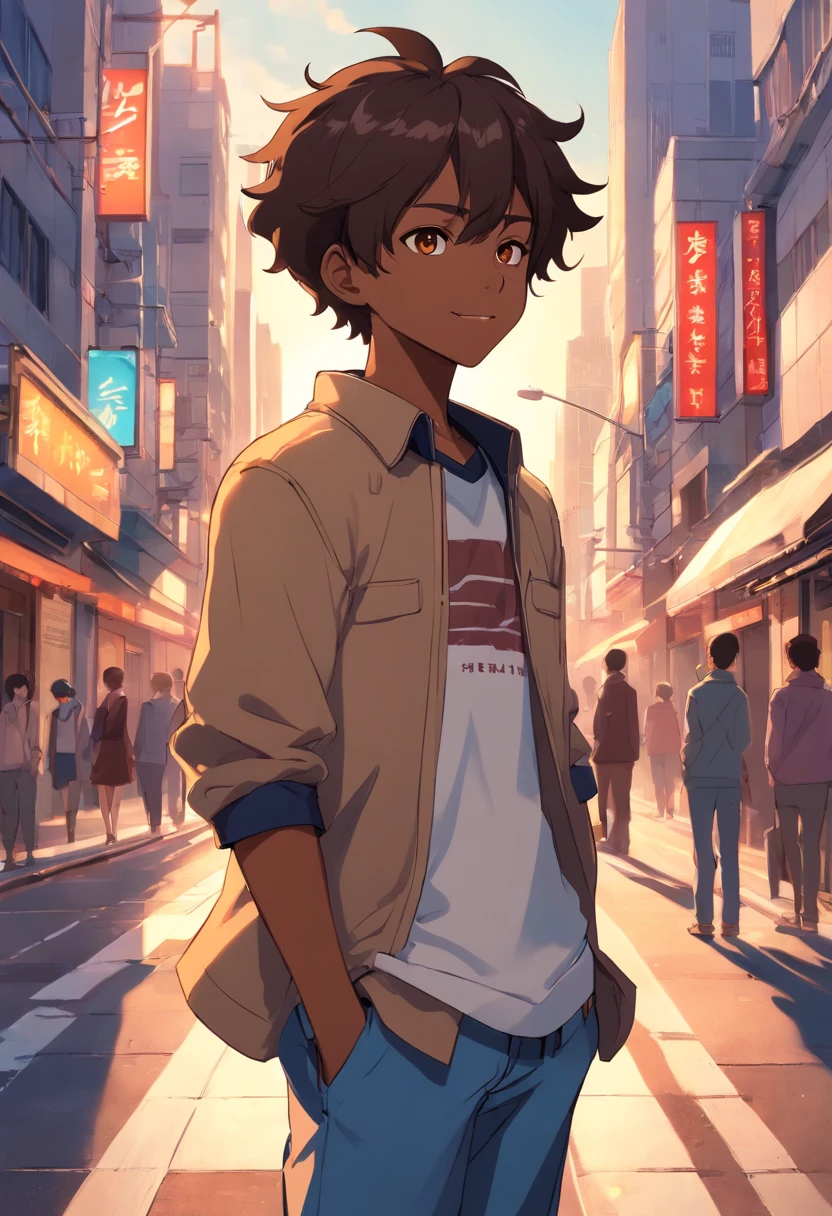 A black boy, transformed into an anime style, with exaggerated unique facial features and clothing, light brown eyes and dark curly hair, standing on a bustling city street, backlit background highlighting the subject, high-contrast colors, 4K high-definition quality，young, smiling, handsome