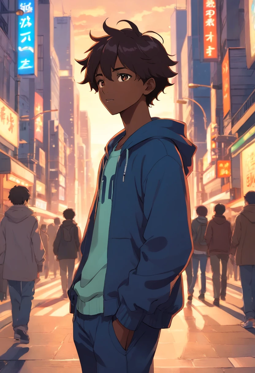A black boy, transformed into an anime style, with exaggerated unique facial features and clothing, light brown eyes and dark curly hair, standing on a bustling city street, backlit background highlighting the subject, high-contrast colors, 4K high-definition quality，young, smiling, handsome
