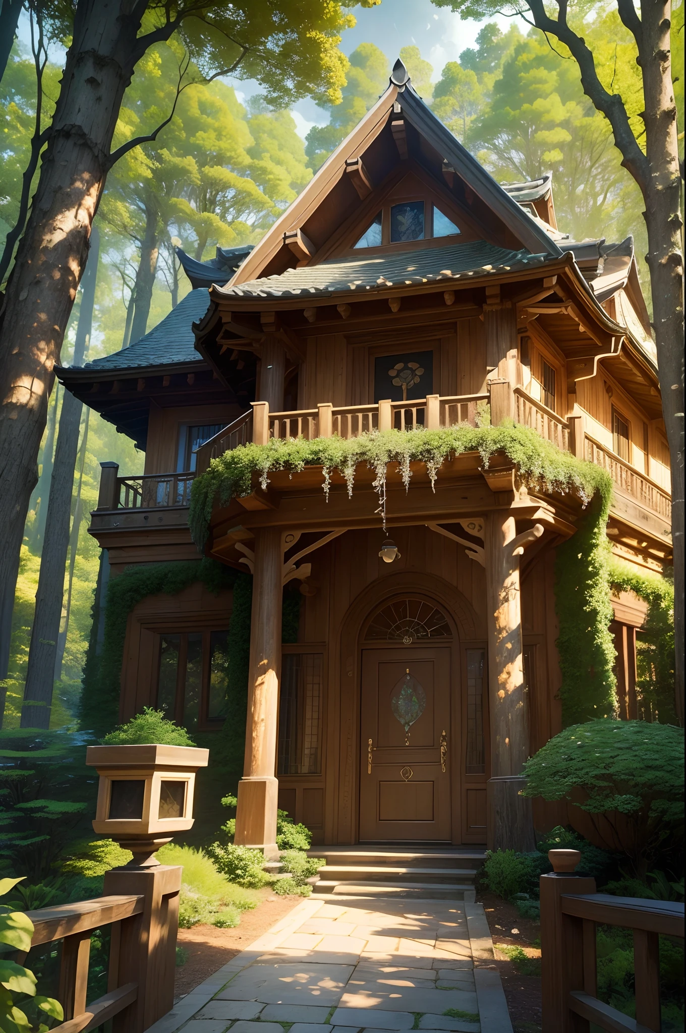 Masterpiece, top quality, best quality, official art, beautiful and aesthetic:1.2, extreme detailed, (fractal art:1.3) Nestled deep within an ancient forest, the Forest Villa Haven is a secluded sanctuary. Surrounded by towering trees and tranquil streams, this villa is a haven for nature lovers. Its rustic charm invites you to live in harmony with the forest