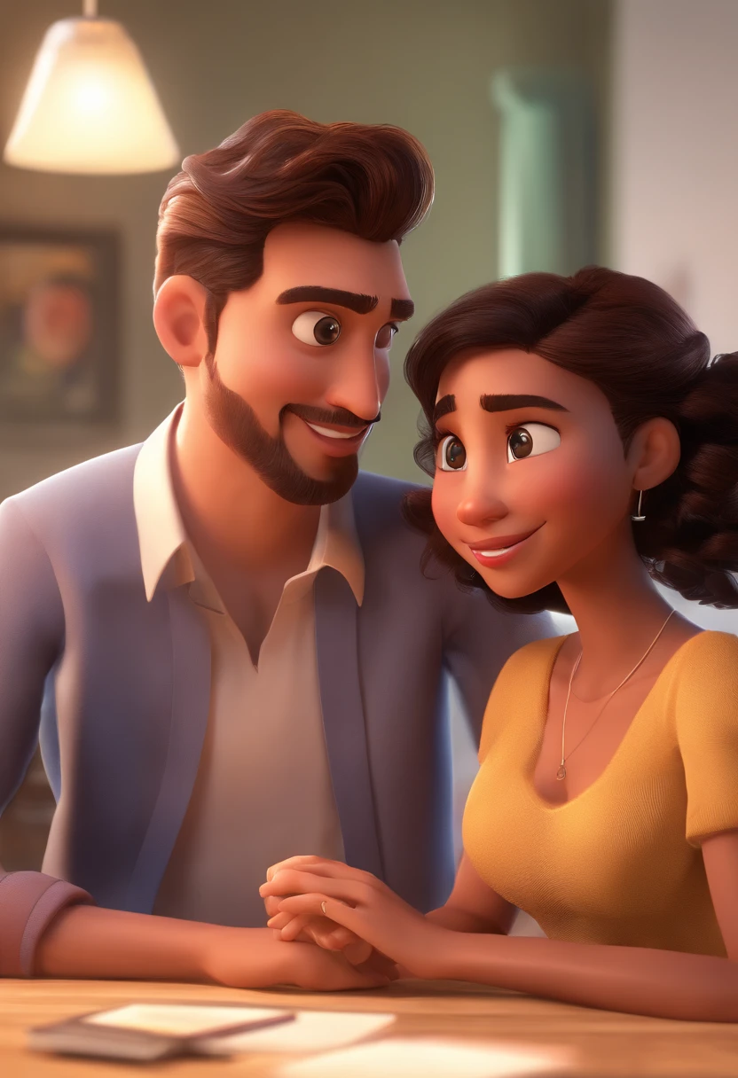An illustration of an adorable couple, Destacando um homem e uma mulher com beleza, Expressive eyes – the man's hair is straight and brown and he has a mustache and goatee , While the woman's hair is tied in a bun and blonde. They are a bright space, Todos com um sorriso no rosto, e compartilhe um momento especial, That is marked by love, viagem, and pedagogical insights. Ilustre esta cena a partir de uma perspectiva, where they're facing away from the camera, Show Your Connection. Desenvolva esta arte em Full HD, Focus on your cinematic touch, Estilo Disney Pixar Animations