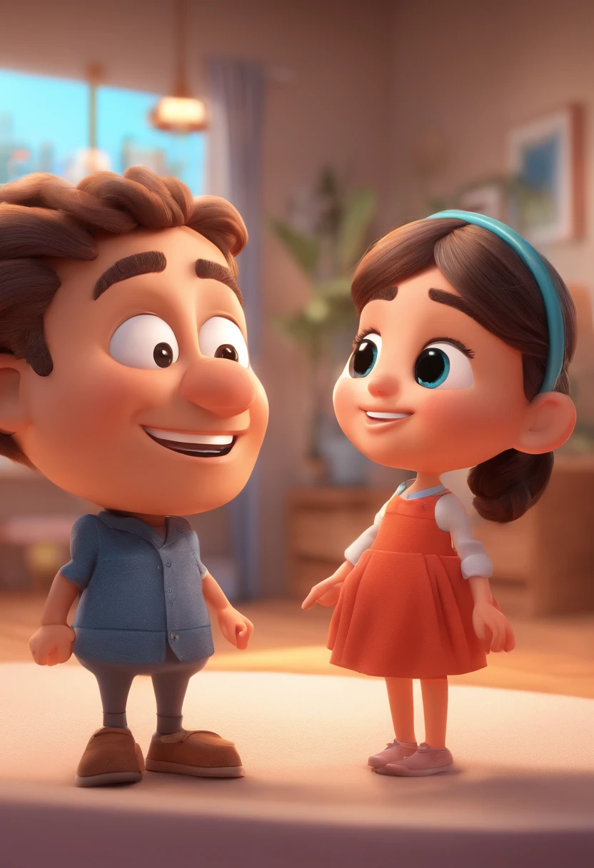 An illustration of an adorable couple, destacando um homem e uma mulher com bonito, Expressive eyes - the man's skin is white and the man's hair is straight and black, while the woman's skin is black and the woman's hair is straight and brown. They are a bright room, cada um com um sorarroz no rosto, e compartilhar um momento especial caracterizado pelo amor, arroz, e insights educacionais. Illustrate this scene from a perspective where they are facing away from the camera, Showing Your Connection. Desenvolva esta arte em Full HD, Focus on your cinematic touch, Estilo Disney Pixar Animations