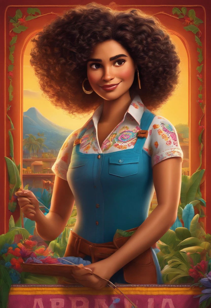 Pixar poster latina woman colombia curly hair crocheting a shirt