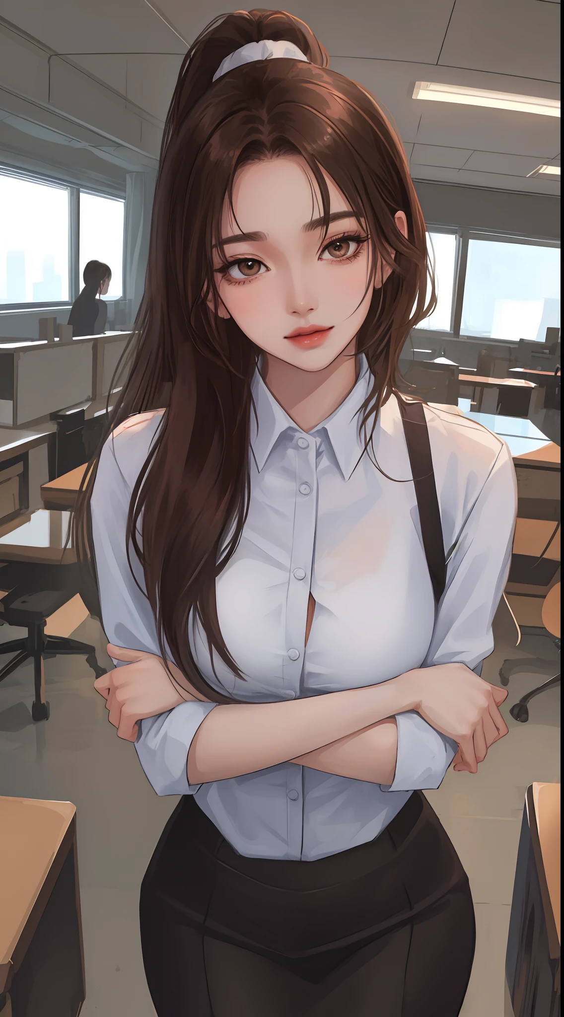 masterpiece, best quality, highest quality, perfect anatomy, highres, ultra-detailed, 8k wallpaper, texture, detail, unique, HDR, extremely detailed CG, Azuma Hisato, 1 girl, Solo, full body, standing, ponytail, brown_hair, Bangs, brown_eyes, 20yo, mature female, looking at viewer, smile, lewd face,naked boobs ,having sex,xxx, (Beautiful,large_Breasts:1.4), (beautiful_face:1.5),(narrow_waist), office outfit, office uniform