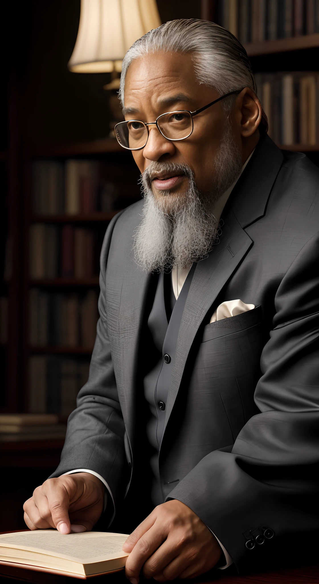 （Movie Premiere Poster 1.8） tmasterpiece，（best qualtiy），highly  detailed，ultra - detailed，(Dynamic pose:1.2),(Dynamic camera)，Will Smith（Will Smith，a old man，old age，grampa，he is about 7 0 years old），Wear a sophisticated haute couture suit，Black shirt，With glasses，Died of old age，Old scholar，professor，wisdom，Gray hair，Gray beard，Emaciated cheeks，Holding a thick book，8K, High definition, Detailed face, Detailed eyes，Hyper-realistic, + cinema shot + Dynamic composition, Incredibly detailed, Sharpen, Details + Superb details + evening with light + perfectionism + award winning realism ((Moody lighting))，Vintage style，Be interviewed，Correct anatomy，Two hands