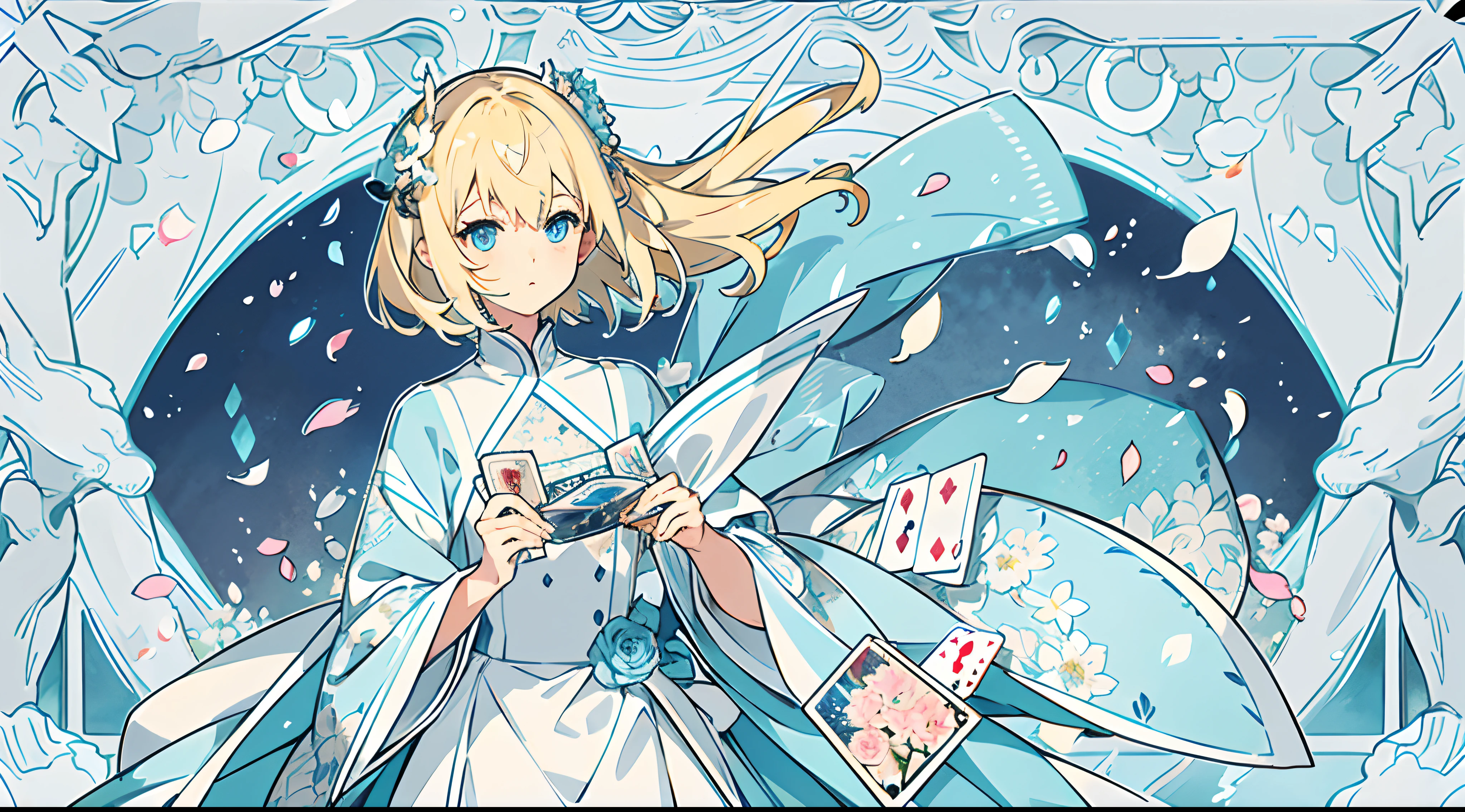 masterpiece, Highest Quality, Blonde hair, Long side hair, Short Cut, Sky Blue Eyes, Frontal gaze, Floral decoration, Scattering petals, Pretty Clothes, Game Cards, Pastel colors, Indigo hair bridge