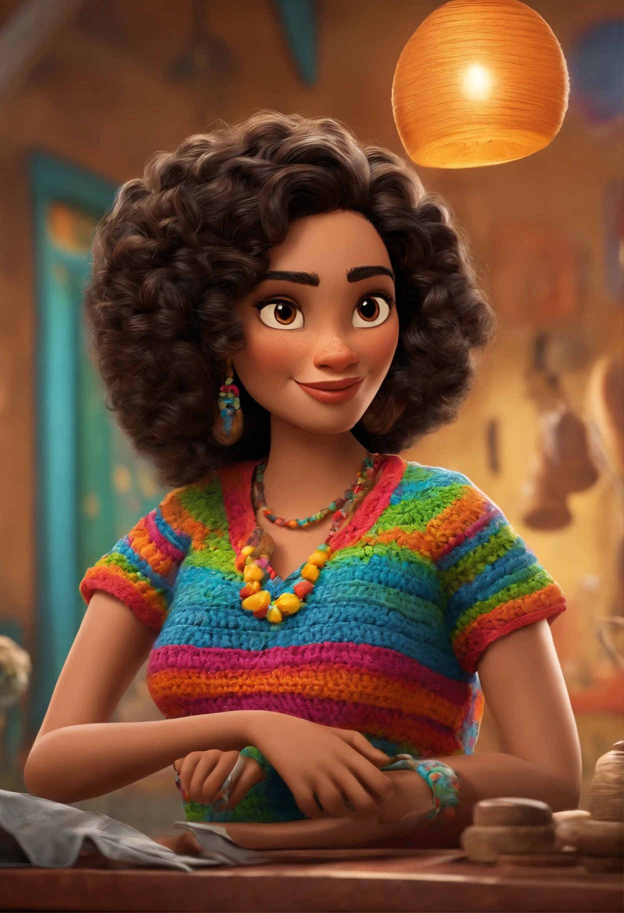 Pixar poster latina woman colombia curly hair crocheting a shirt