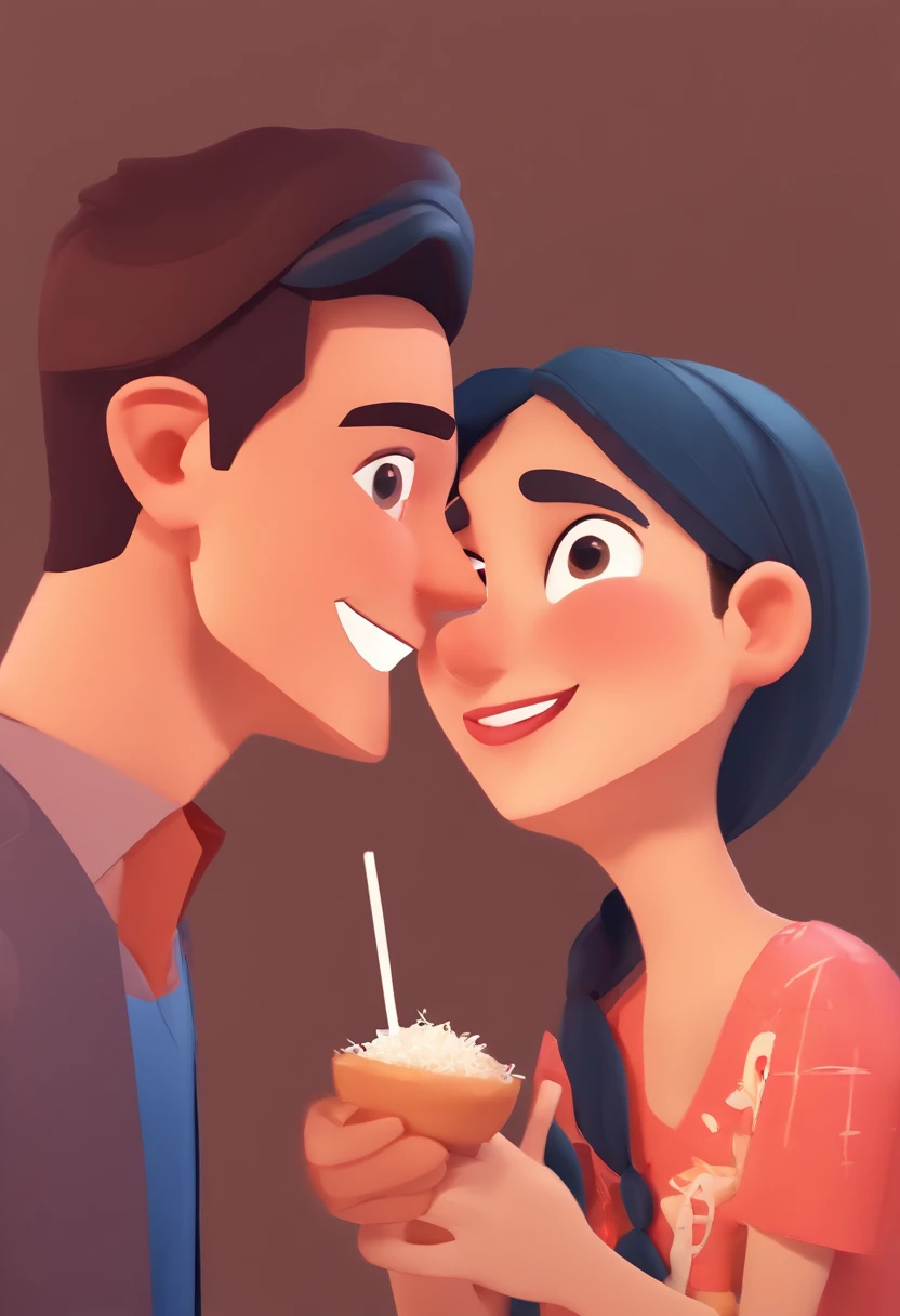 An illustration of an adorable couple, destacando um homem e uma mulher com bonito, Expressive eyes - the man's skin is white and the man's hair is straight and black, while the woman's skin is black and the woman's hair is straight and brown. They are a bright room, cada um com um sorarroz no rosto, e compartilhar um momento especial caracterizado pelo amor, arroz, e insights educacionais. Illustrate this scene from a perspective where they are facing away from the camera, Showing Your Connection. Desenvolva esta arte em Full HD, Focus on your cinematic touch, Estilo Disney Pixar Animations