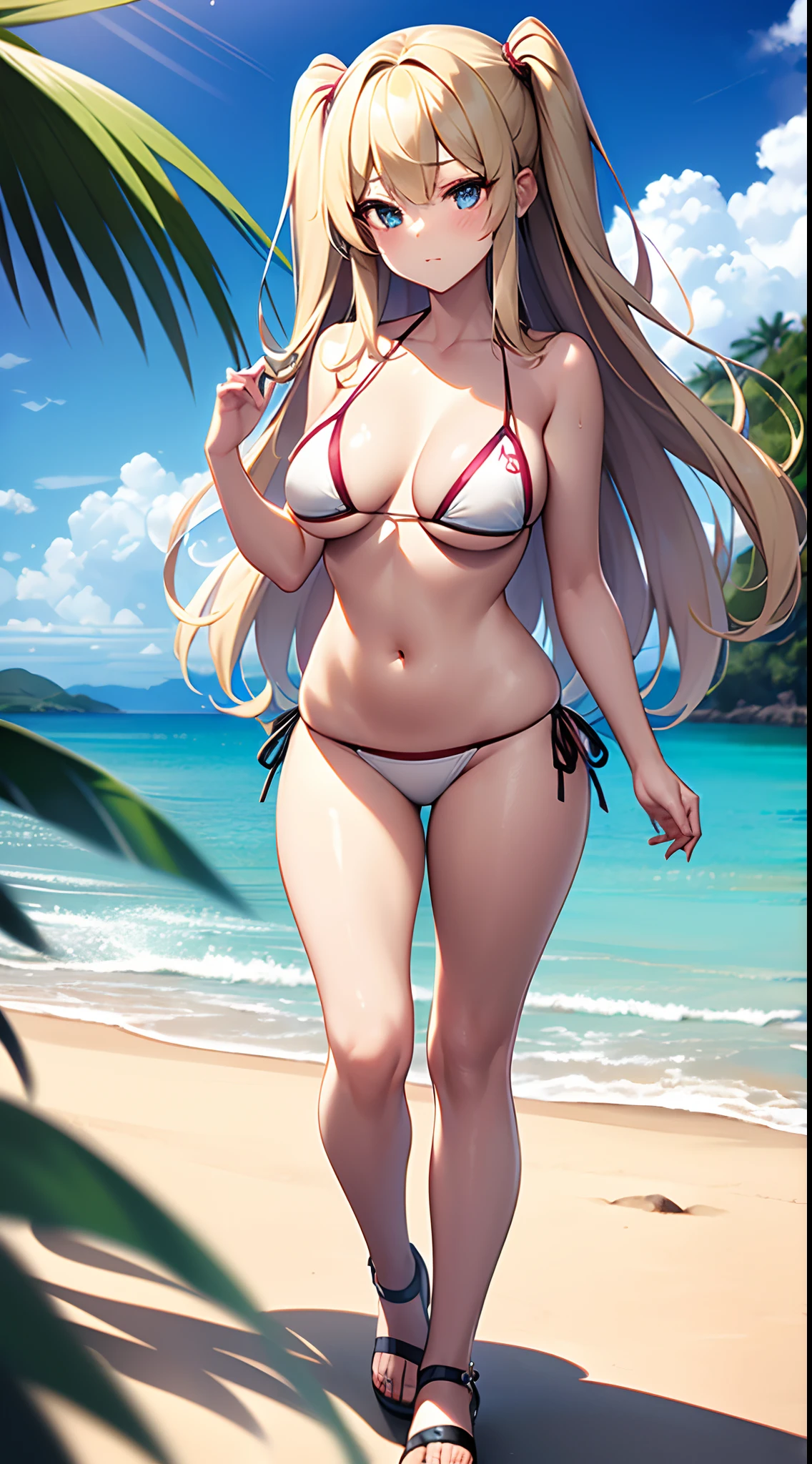 ((Best Quality)), (ultra-detailliert), ((Extremely detailed)), (Beautiful), ((Kawaii Girl)),(two side up hair)、((masutepiece)),Platinum Blonde Hair,Long hair, hair between eye, Wavy Hair, Long sideburns,Jade colored eyes, White skin,Normal Chest,Slender body,side tie bikini bottom、Sandals,in beach,One Woman,Anime