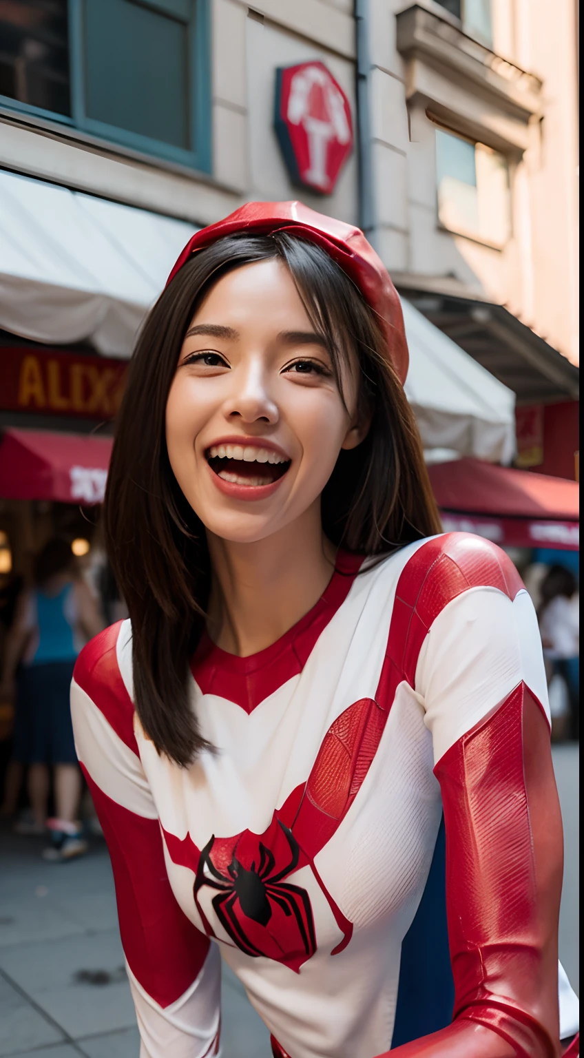 A woman who is,Petite figure，It's kind of ugly，Very skinny，happy laughing，open open mouth，Stick out her tongue,Wearing a red and white Spider-Man costume，Eat flour at street stalls，desks，Food street，dual horsetail，Classic red and white Spider-Man set，Play as Spider-Man,Slim curves,