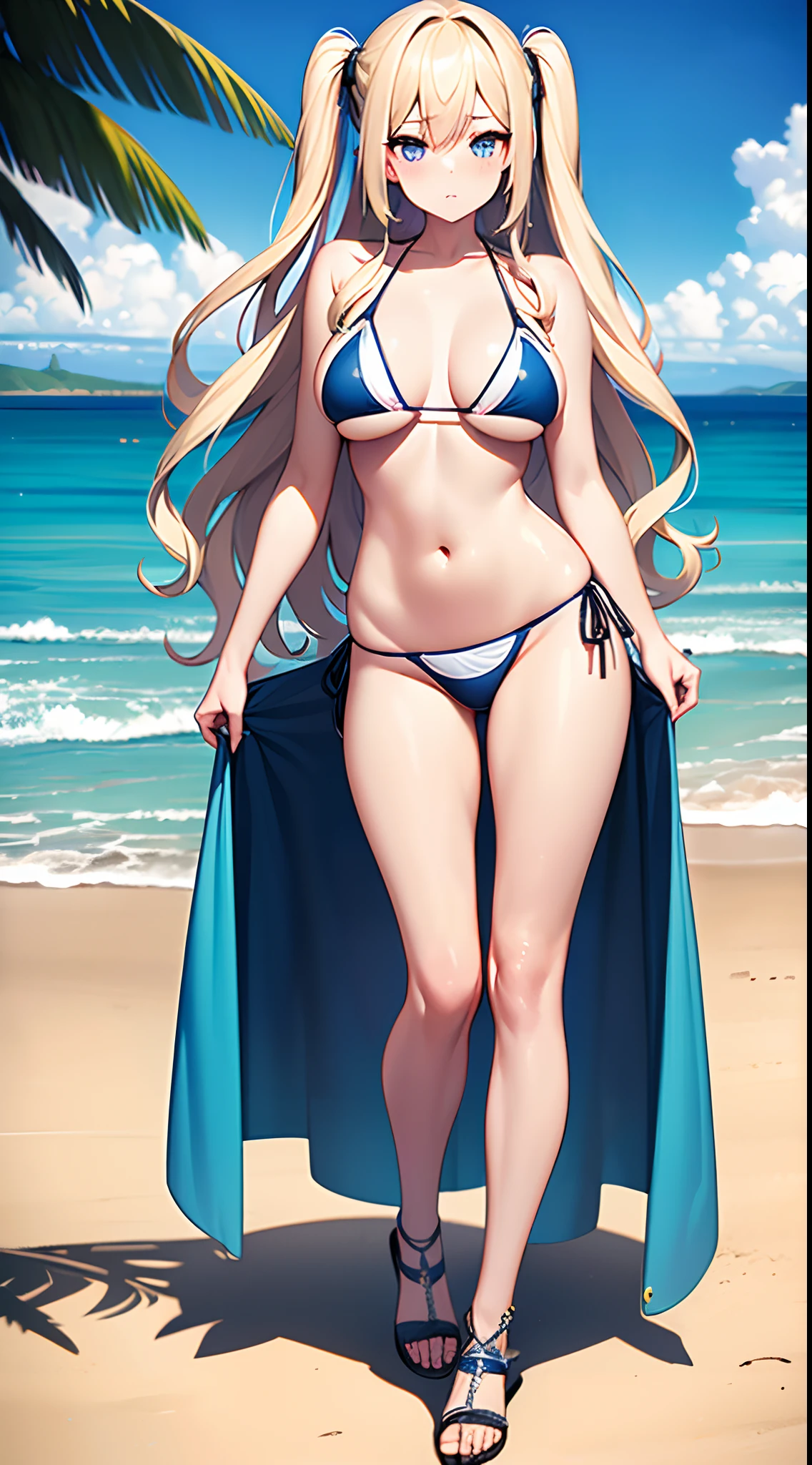 ((Best Quality)), (ultra-detailliert), ((Extremely detailed)), (Beautiful), ((Kawaii Girl)),(two side up hair)、((masutepiece)),Platinum Blonde Hair,Long hair, hair between eye, Wavy Hair, Long sideburns,Jade colored eyes, White skin,Normal Chest,Slender body,side tie bikini bottom、Sandals,in beach,One Woman,Anime