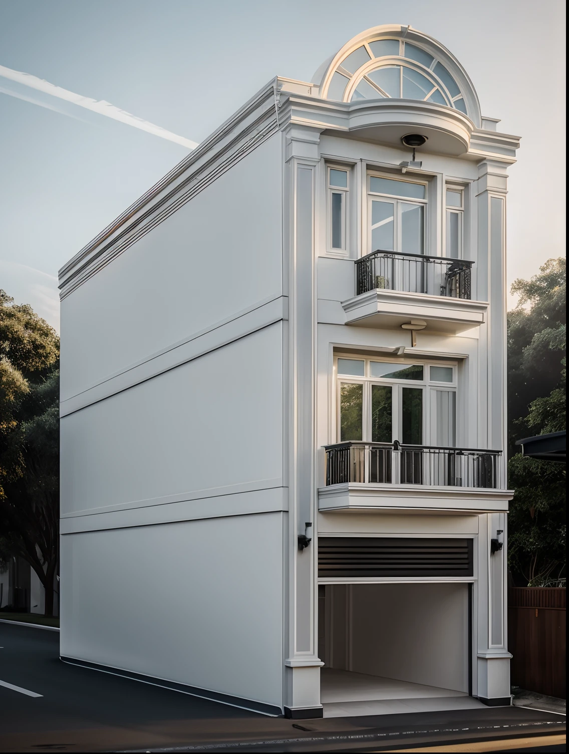 exterior, house, neoclassical architecture, white paint, reflective glass, black powder coated steel, dawn light, in urban, street, lots of shade trees, traffic light, car, sharp details, best photo quality, photo 8k, render vray