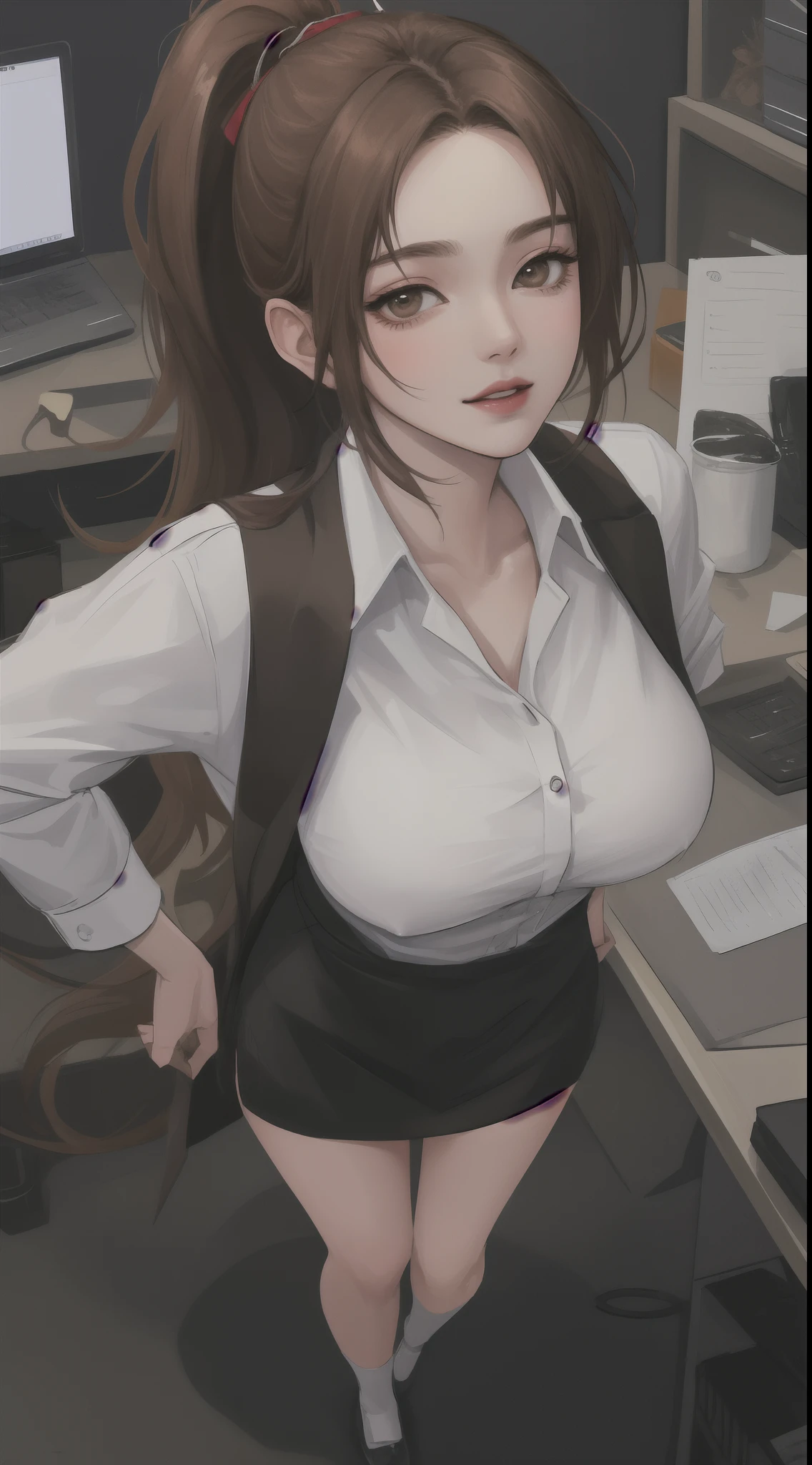 masterpiece, best quality, highest quality, perfect anatomy, highres, ultra-detailed, 8k wallpaper, texture, detail, unique, HDR, extremely detailed CG, Azuma Hisato, 1 girl, Solo, full body, standing, ponytail, brown_hair, Bangs, brown_eyes, 20yo, mature female, looking at viewer, smile, lewd face,naked boobs ,having sex,xxx, (Beautiful,large_Breasts:1.4), (beautiful_face:1.5),(narrow_waist), office outfit, office uniform