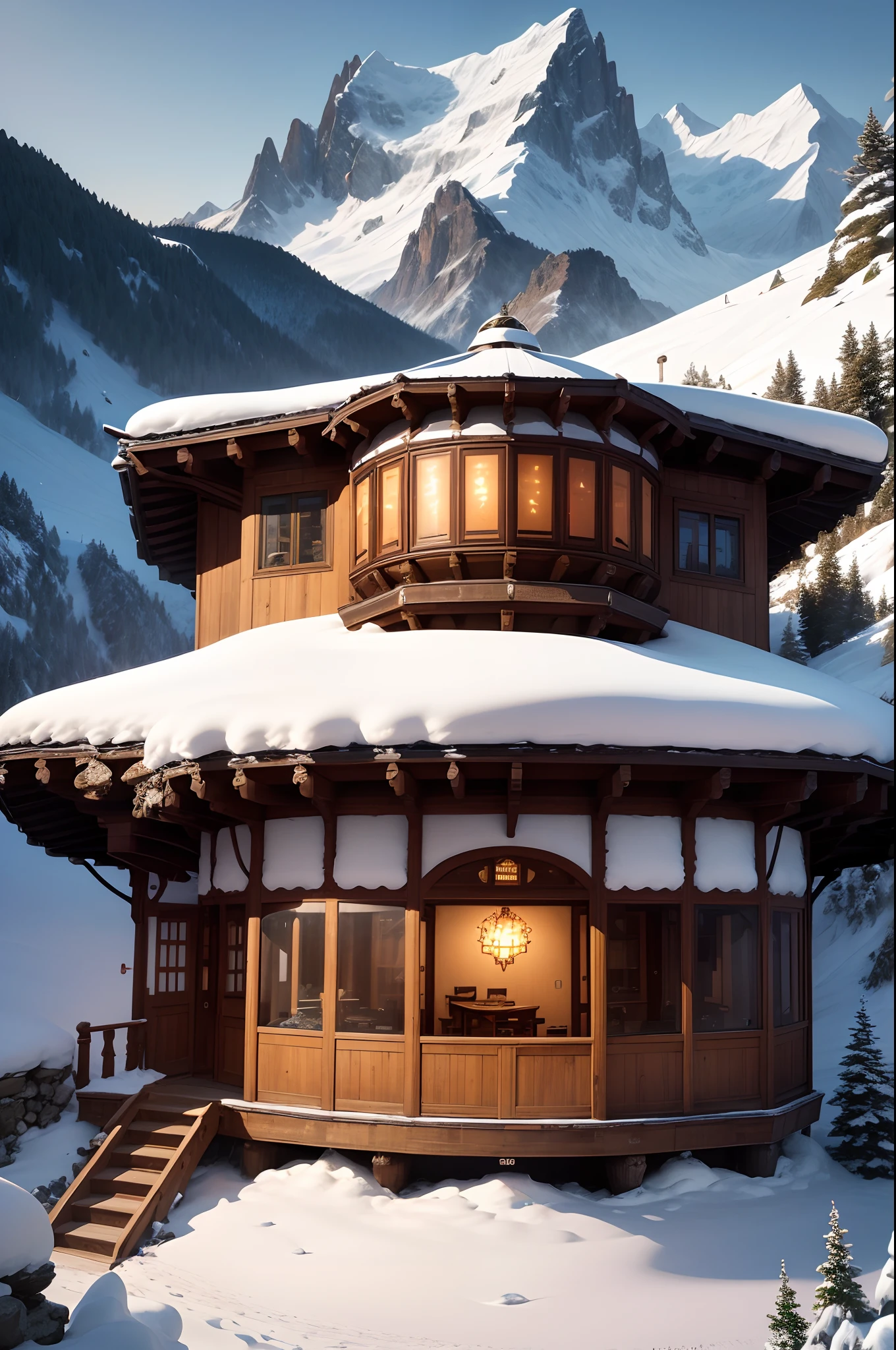 Masterpiece, top quality, best quality, official art, beautiful and aesthetic:1.2, extreme detailed, (fractal art:1.3) Perched on the highest mountain peak, the Mountain Peak Retreat is a sanctuary above the world. Surrounded by serene alpine beauty, you'll have sweeping vistas of snow-capped peaks and star-studded nights. Your home is a refuge among the clouds