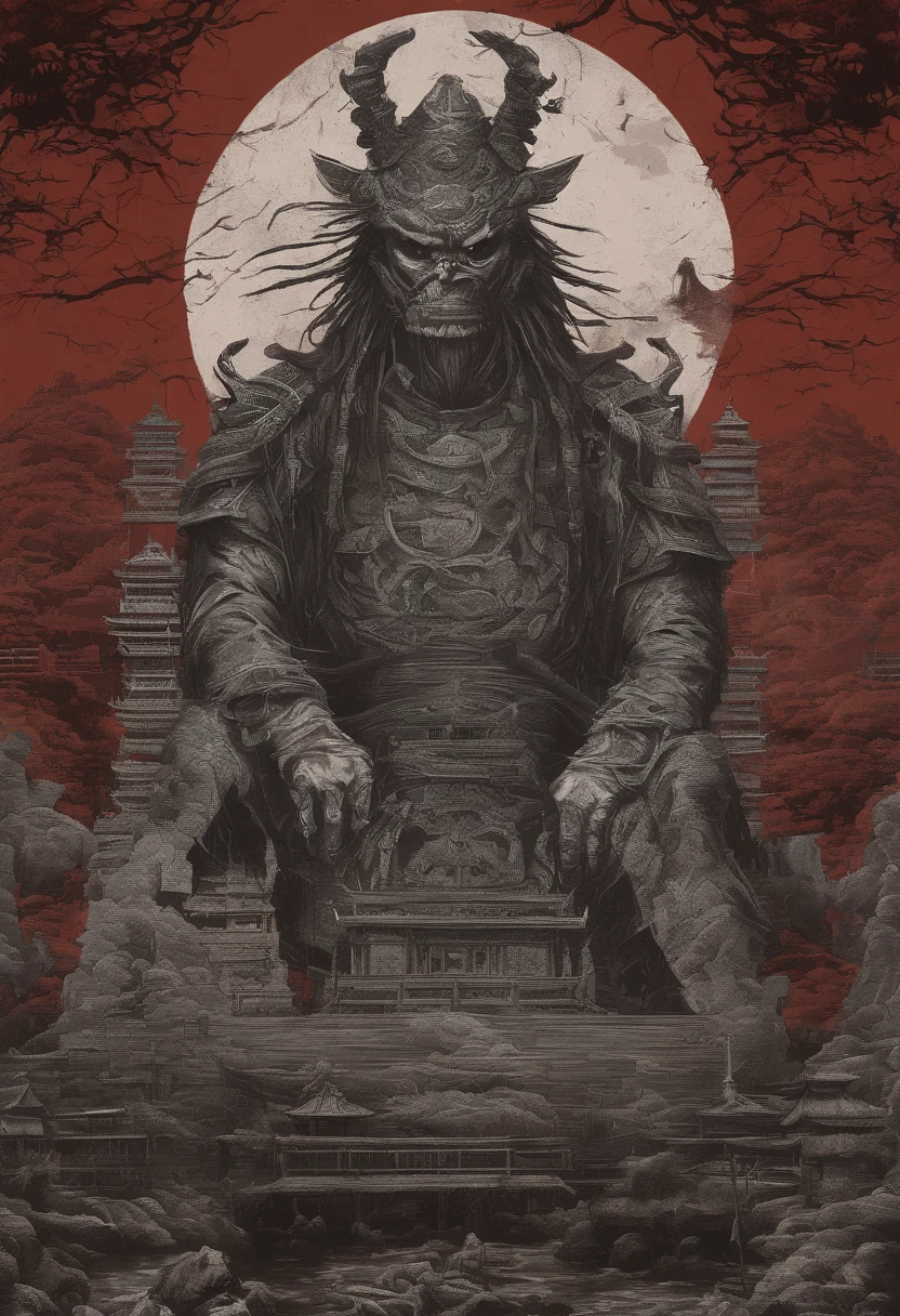 China-style，shaman，red tint，A man wears a shaman's crown，In his left hand, he holds a donkey's skin drum，Beat the drum whip with the right hand，Broken clothes，kneels on the ground，The background is a Chinese style gossip map