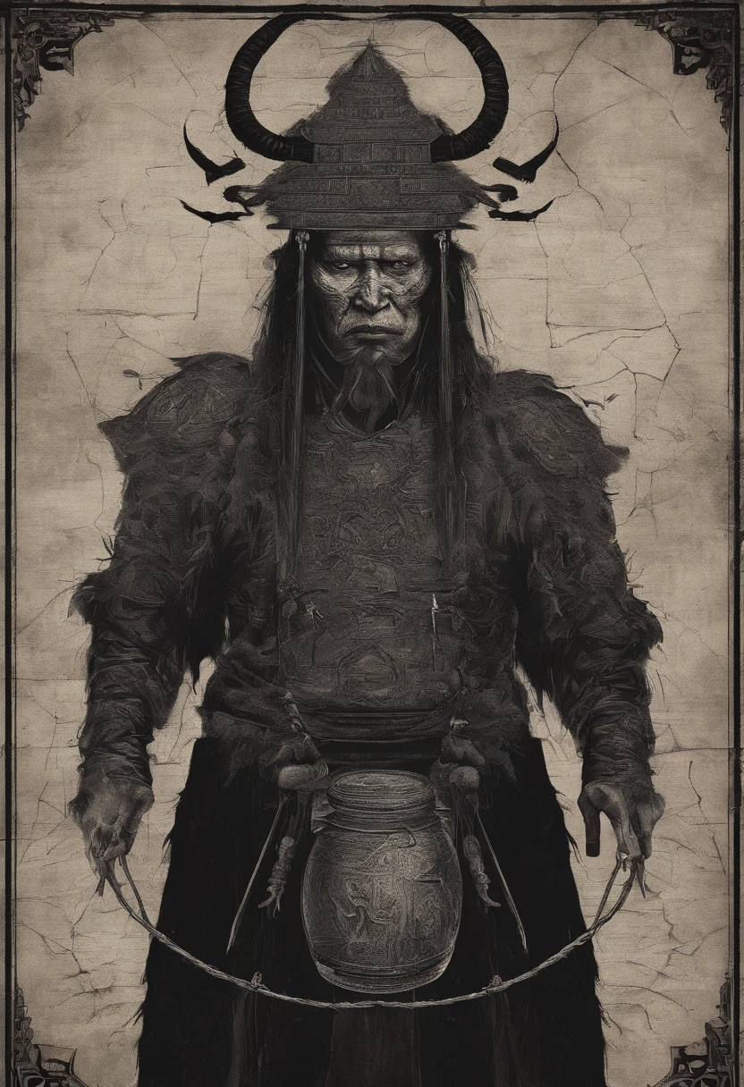 China-style,shaman,red tint,A man wears a shaman's crown,In his left hand, he holds a donkey's skin drum,Beat the drum whip with the right hand,Broken clothes,kneels on the ground,The background is a Chinese style gossip map
