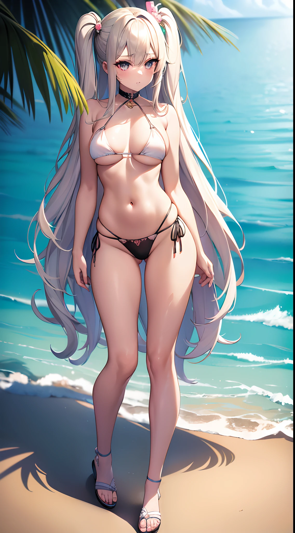 ((Best Quality)), (ultra-detailliert), ((Extremely detailed)), (Beautiful), ((Kawaii Girl)),(two side up hair)、((masutepiece)),Platinum Blonde Hair,Long hair, hair between eye, Wavy Hair, Long sideburns,Jade colored eyes, White skin,Normal Chest,Slender body,side tie bikini bottom、Sandals,in beach,One Woman,Anime