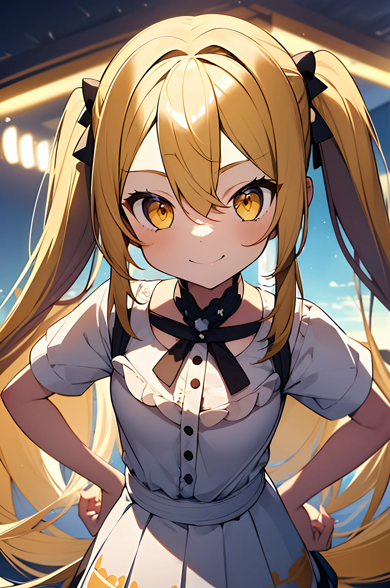 1girl. yellow hair.long hair.twintails.short stature. small breast.white t-shirts.skirt. (((masterpiece))).(((best quality))).)((ultra-detailed))).(((illustration))). (((put your hands on your hips))).(((night view))).look from above.smile.