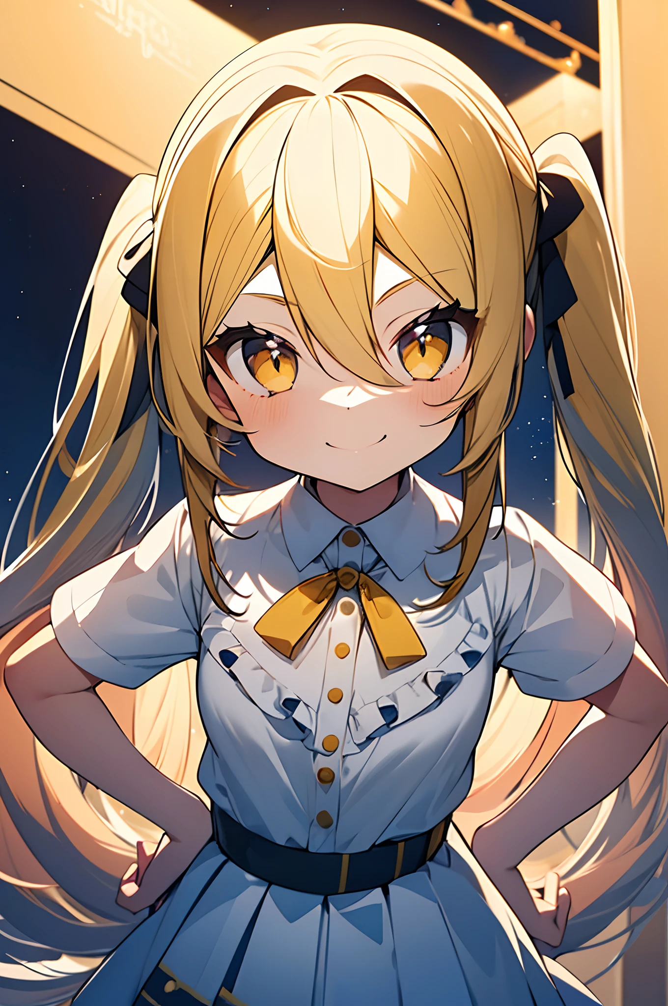 1girl. yellow hair.long hair.twintails.short stature. small breast.white t-shirts.skirt. (((masterpiece))).(((best quality))).)((ultra-detailed))).(((illustration))). (((put your hands on your hips))).(((night view))).look from above.smile.