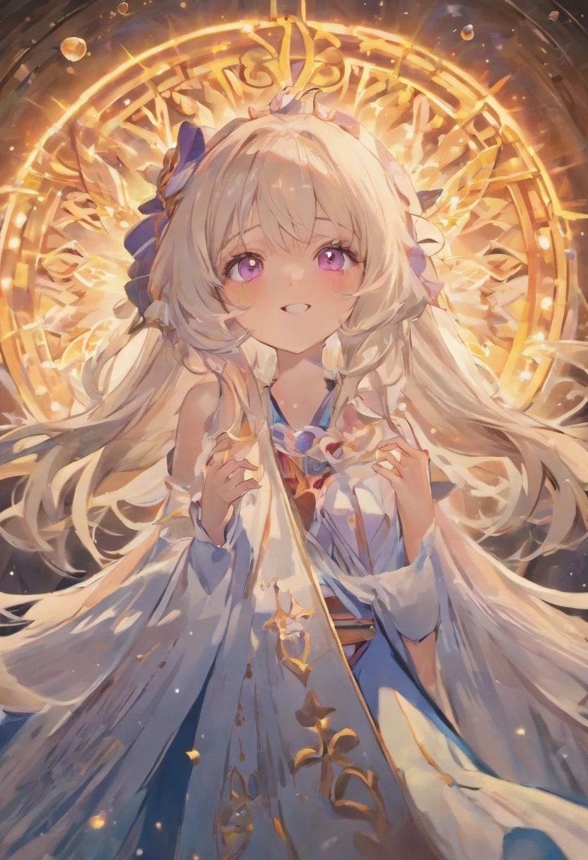 masterpiece:1.2、hightquality、top-quality、hight resolution、detaileds、A hyper-realistic、20Beauty of the same age、long hair of white color,,,,,,,,,,,,,,,,,、Beautiful purple eyes、tilt of the head、morning glow、birdie、rainbows、portlate、Lovely smile、Smiling、(A detailed face)、((foco nítido))、((faces))、full body Esbian、Black hat、Fortune teller's style、I have tarot cards、Landscape image